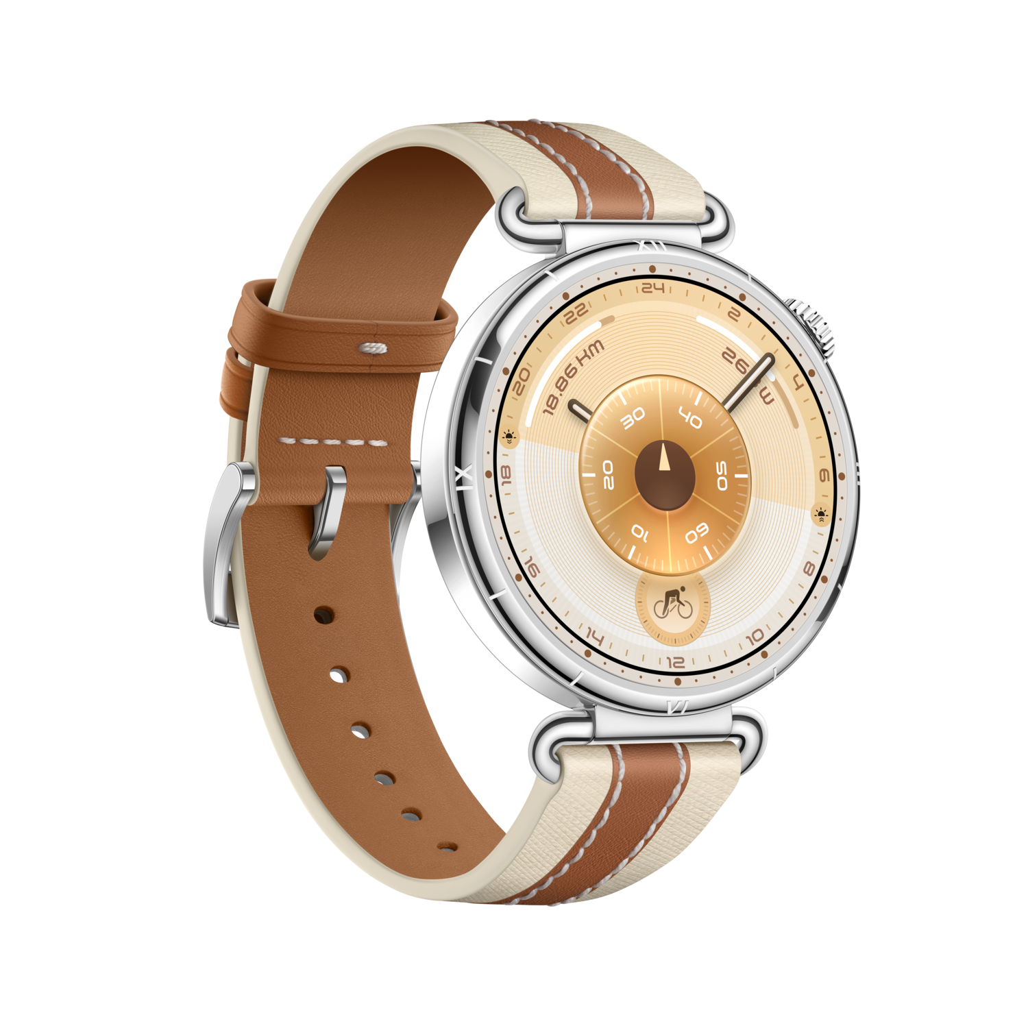 Een stijlvolle smartwatch met een crème- en bruinlederen bandje. De wijzerplaat is licht met diverse indicatoren en cijfers, tegen een zwarte achtergrond.