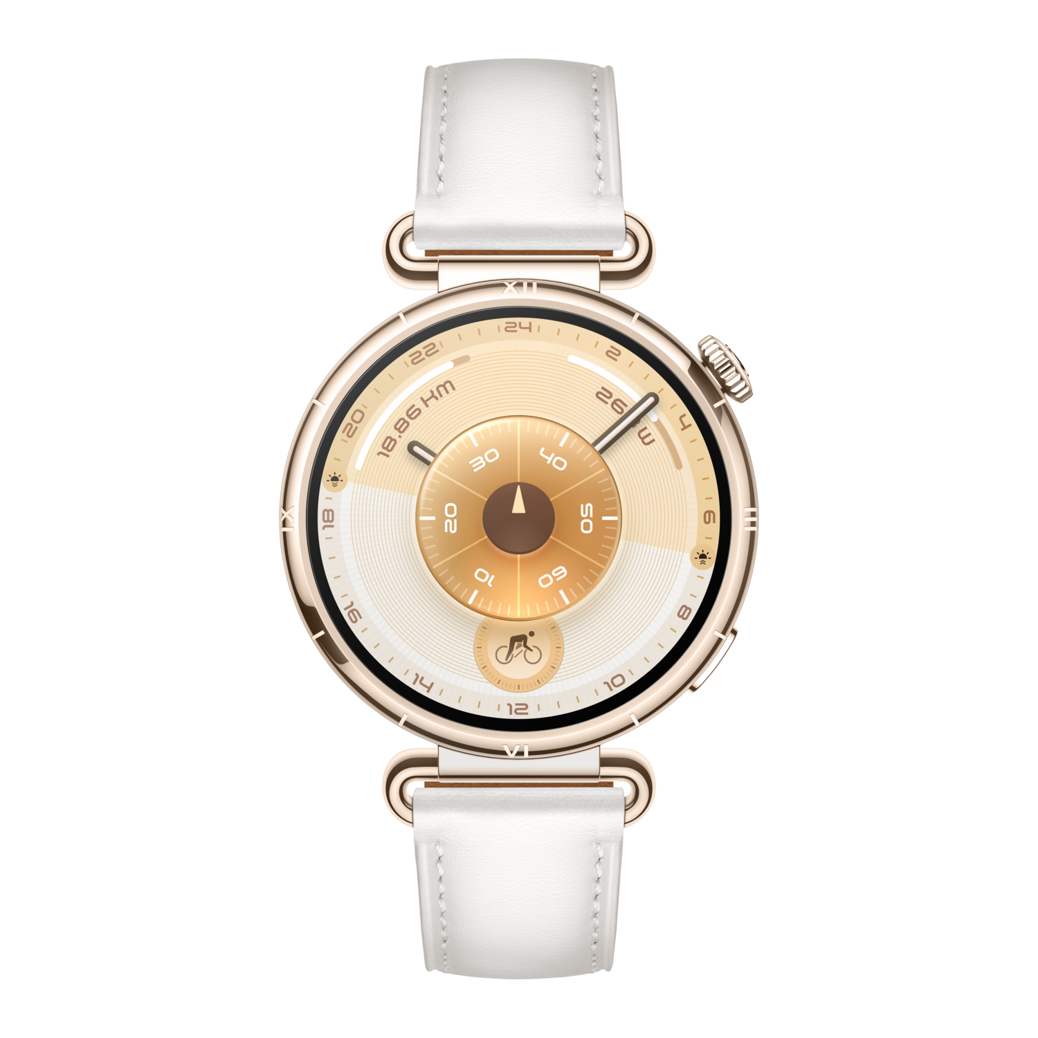 Een gouden polshorloge met een witte leren band. De wijzerplaat is beige met ronde wijzerplaten en cijfers. De achtergrond is zwart.