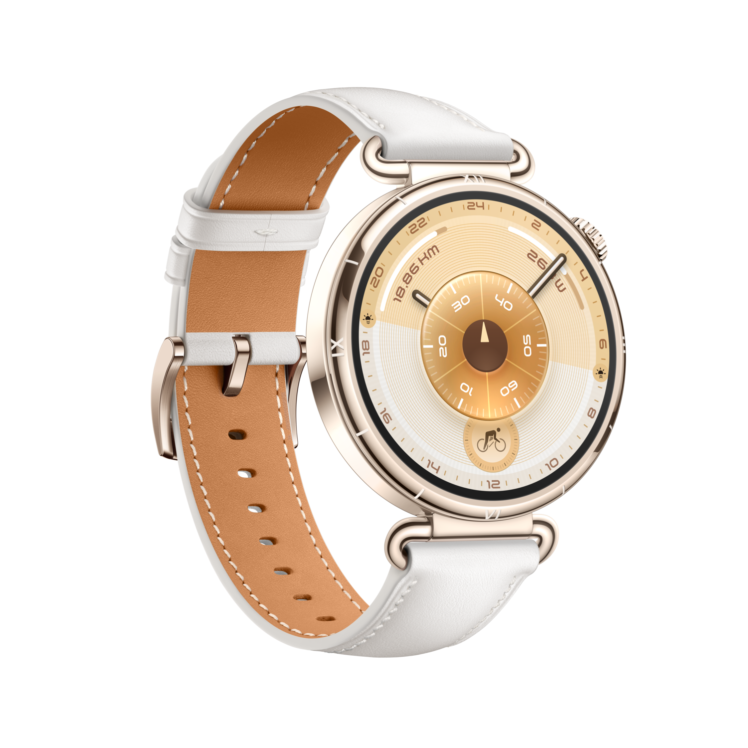Een gouden smartwatch met een witte leren band en een bruine binnenband. De wijzerplaat is beige en wit met cijfers en indicatoren.