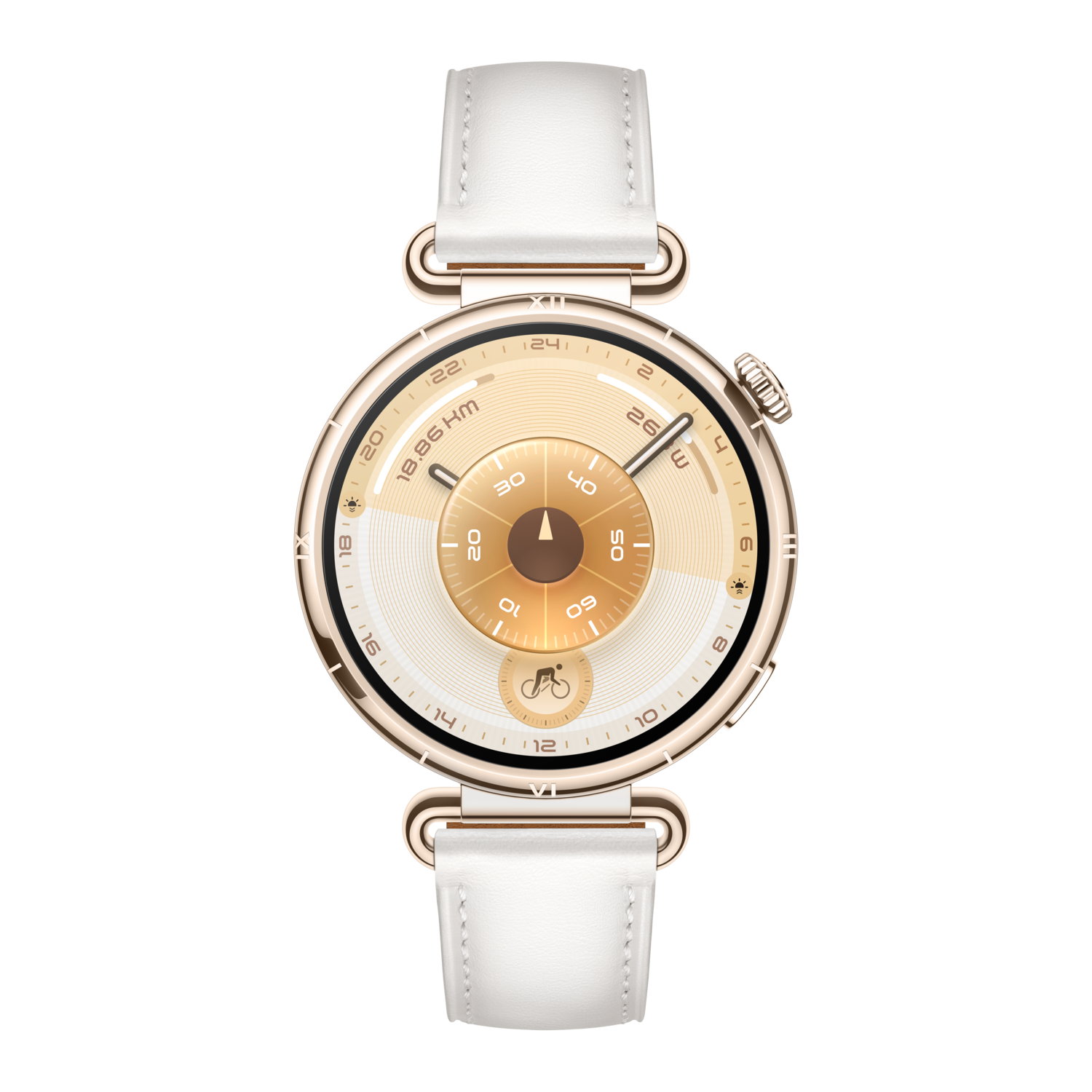 A gold-colored wristwatch with a white leather strap. The watch face displays time and other metrics against a black background.
