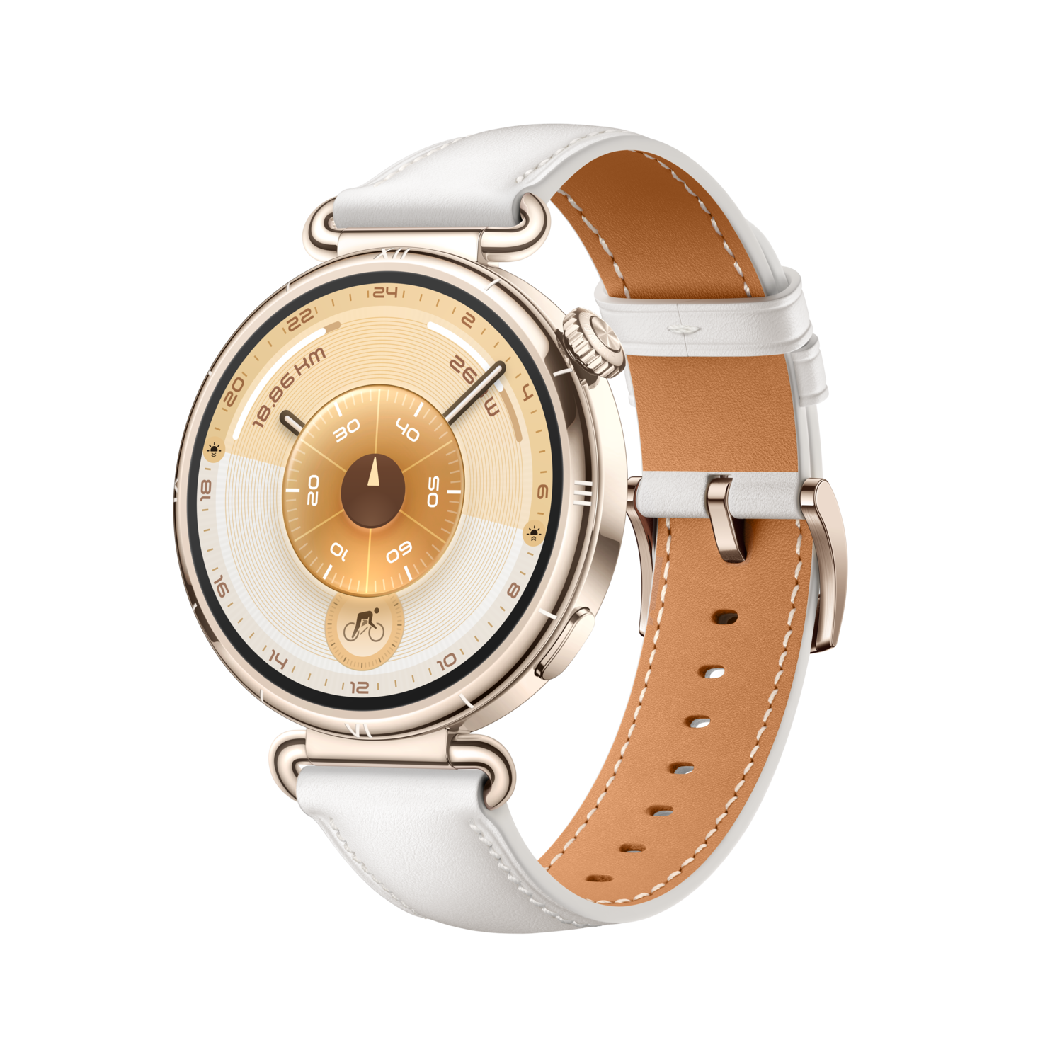 A gold smartwatch with a white leather strap and a tan interior. The watch face displays numbers and features.