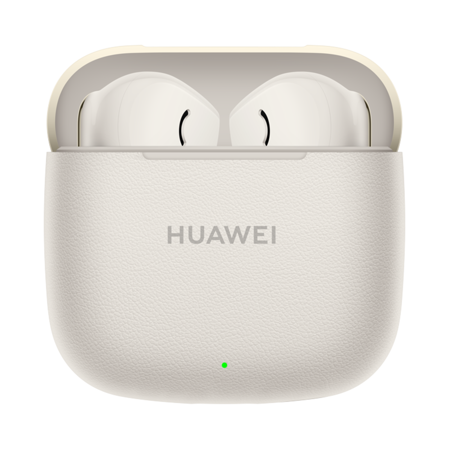 A white Huawei earbud case with earbuds inside. The case is open, and the brand name is visible.