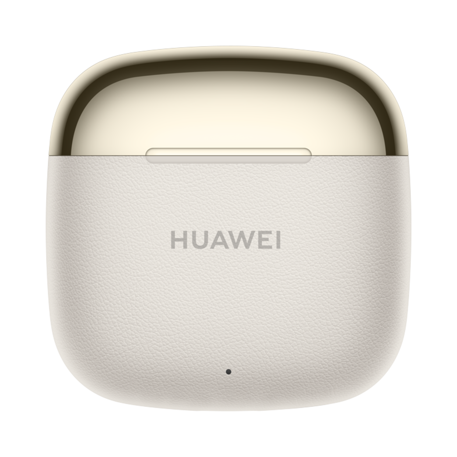 A white and gold earbud case with the brand name 'HUAWEI'. The case has a textured finish and a small dot at the bottom.