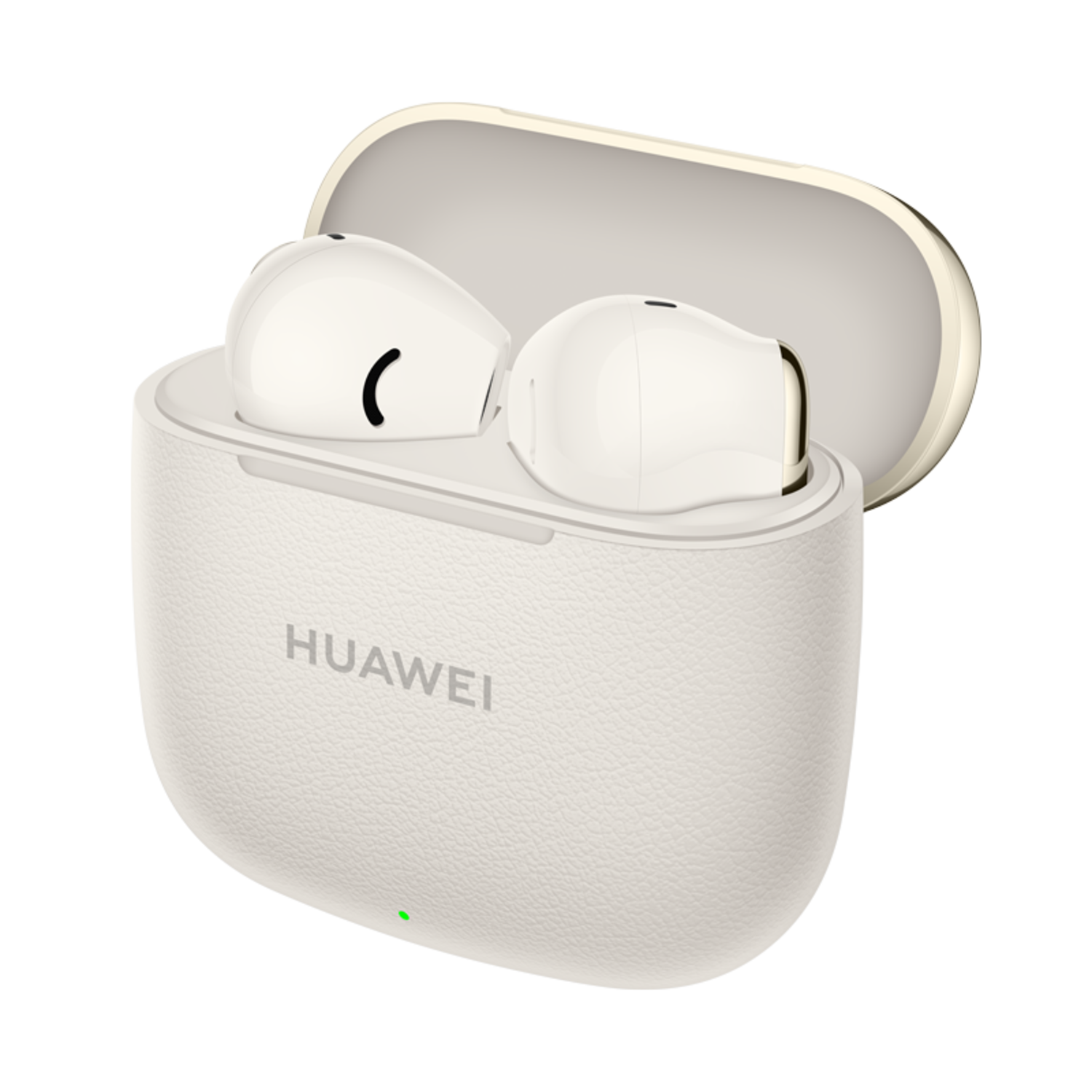White Huawei earbuds in a cream-colored case. The case is open, with the earbuds inside. The background is black.