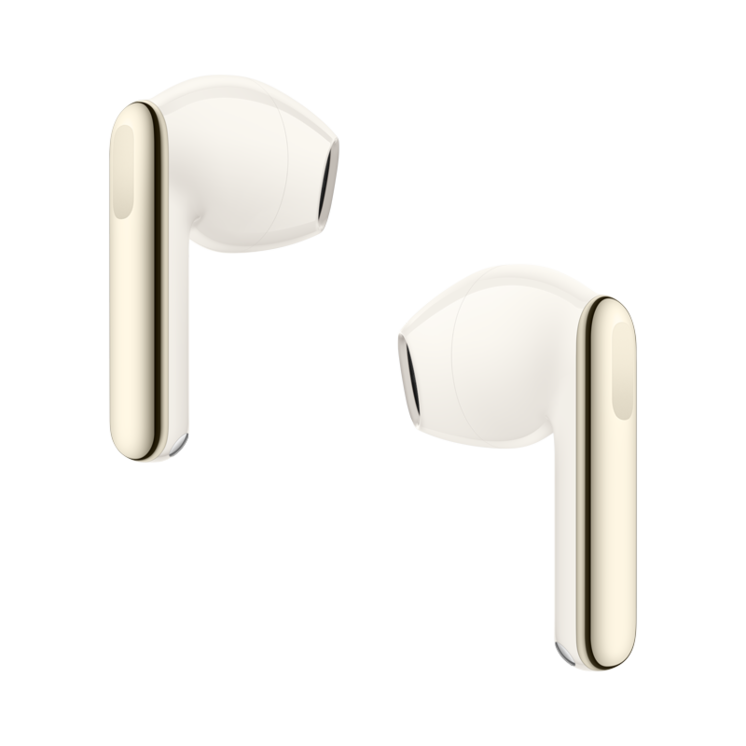 Two white and gold wireless earbuds isolated on a black background. The earbuds are angled, showing their shape.