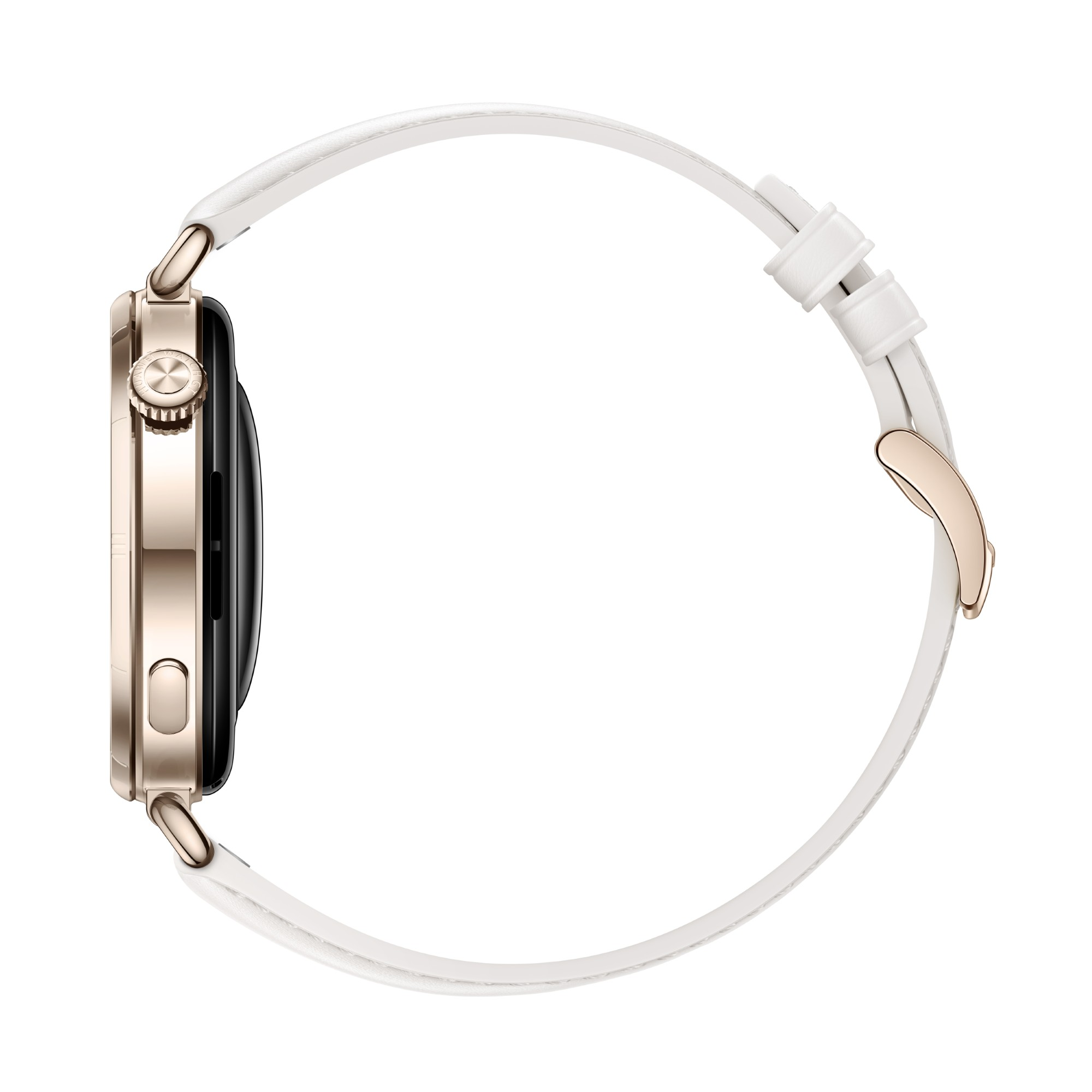 Widok z boku złotego smartwatcha z białym skórzanym paskiem. Zegarek jest okrągły z czarnym ekranem.