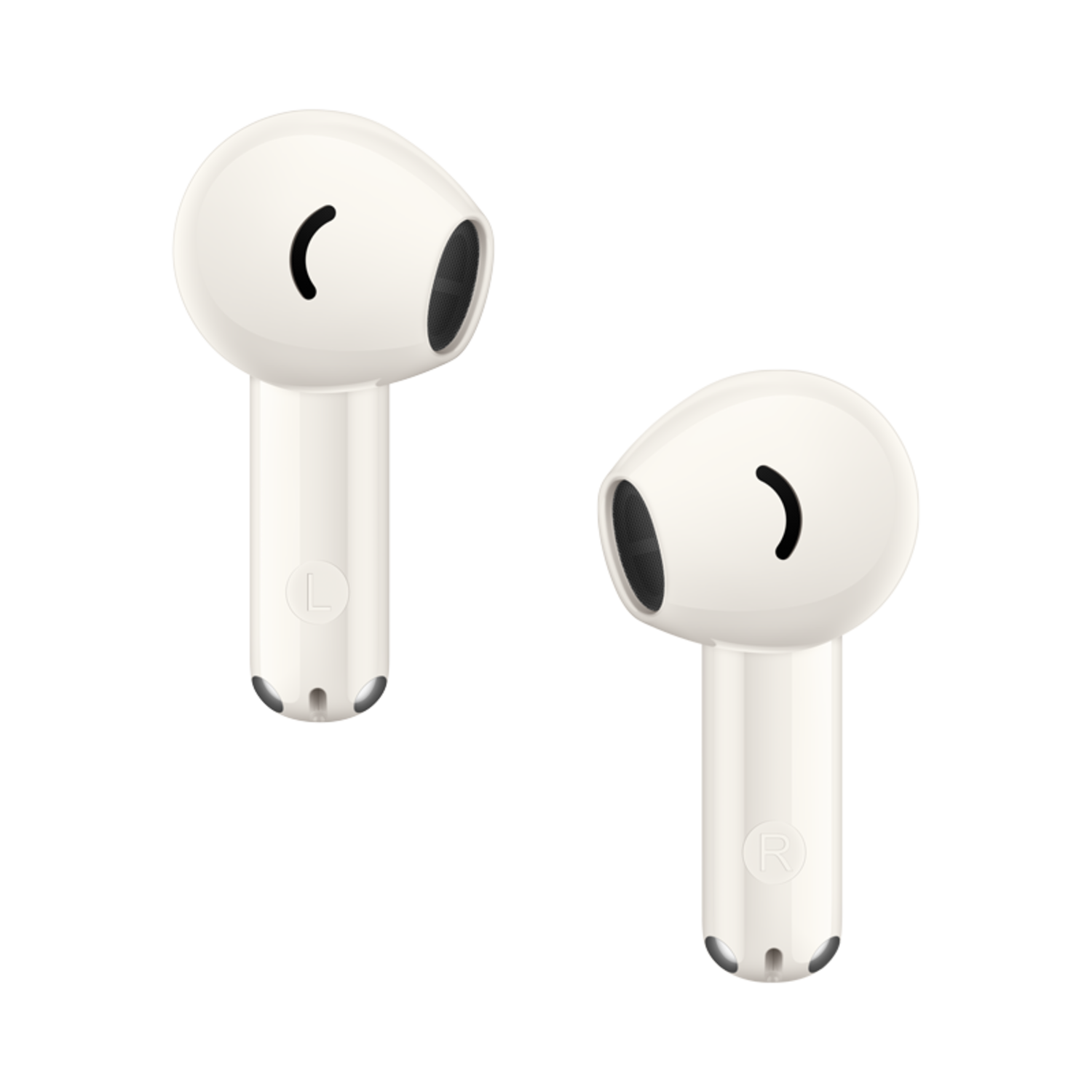 Two white wireless earbuds on a black background. One labeled 'L', the other 'R'. Both have a black speaker and a curved vent.