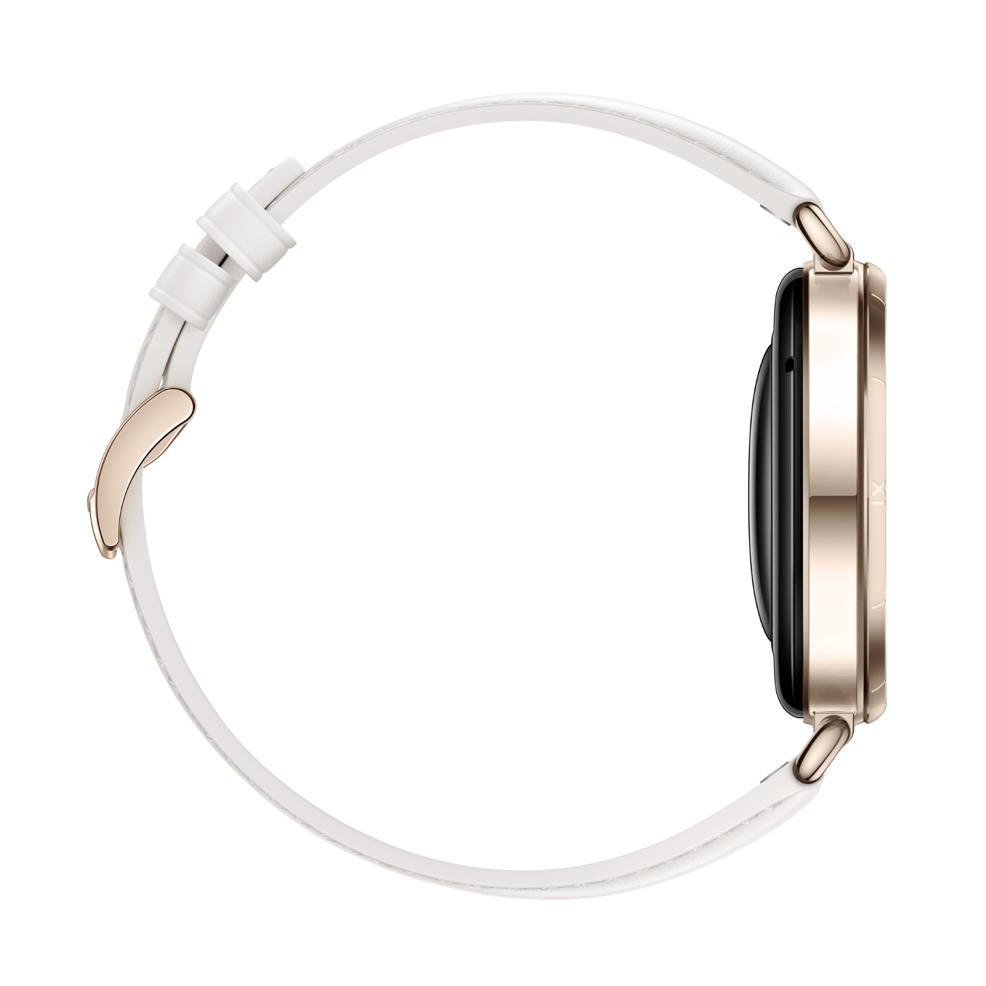 Widok z boku złotego smartwatcha z białym paskiem. Tarcza zegarka jest czarna. Pasek jest połączony złotymi mocowaniami.