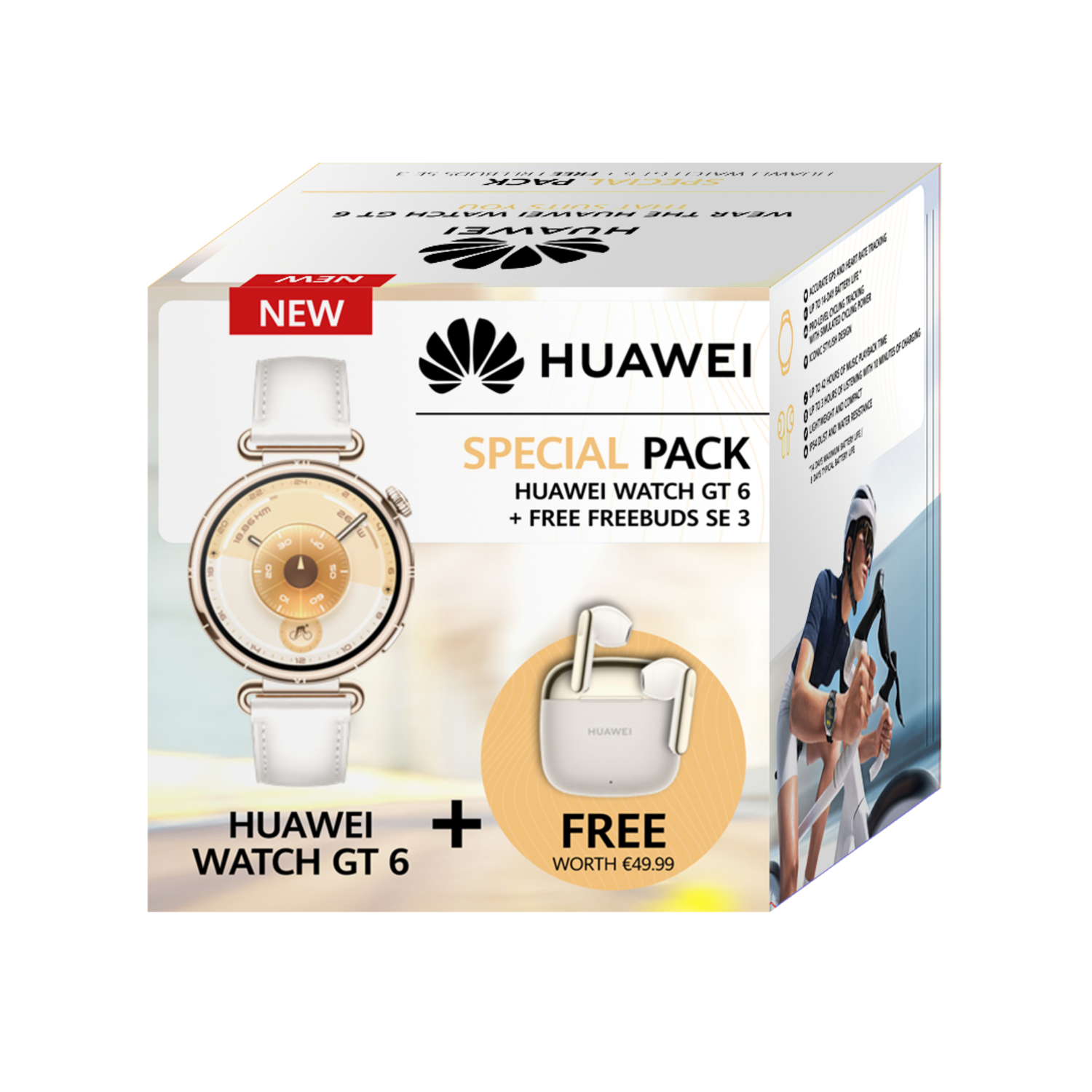 A Huawei watch and earbuds special pack. The box shows the watch, earbuds, and a person cycling. It says 'FREE' and 'NEW'.