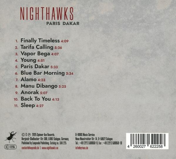 CD-Rückseite mit Nighthawks-Logo und Titelliste, einschließlich Albumtitel 'Paris Dakar' und Urheberrechtsinformationen.