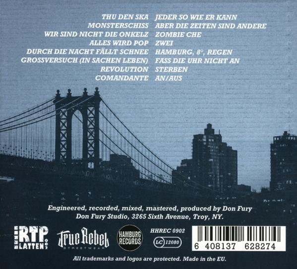 CD-Cover. Brückensilhouette über Skyline. Text listet Songtitel und Produktionsdetails. Logos und Barcode sind sichtbar.