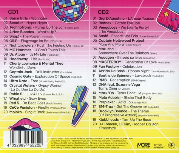 CD-Cover mit Titellisten für zwei CDs, mit einem Blitz, einem Mund und einer Discokugel-Grafik.