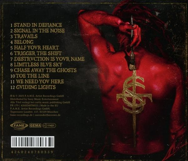 Eine rote Figur mit einem goldenen Symbol auf dem Rücken hält einen Pinsel. Text listet Songtitel und Albumdetails auf.