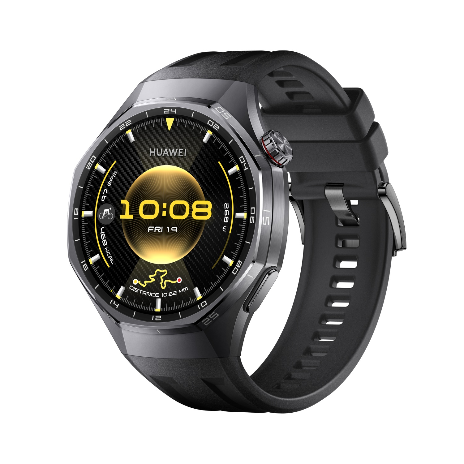 Een zwarte Huawei smartwatch toont tijd, datum en fitnessgegevens. Het horloge heeft een donkere wijzerplaat, zwarte band en metalen accenten.