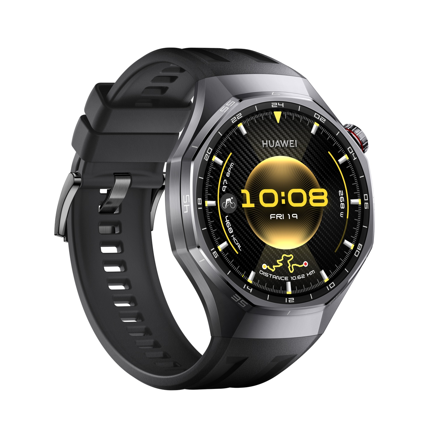 Een Huawei smartwatch met een zwarte band en een zwart-grijze wijzerplaat met tijd, datum en fitnessgegevens.