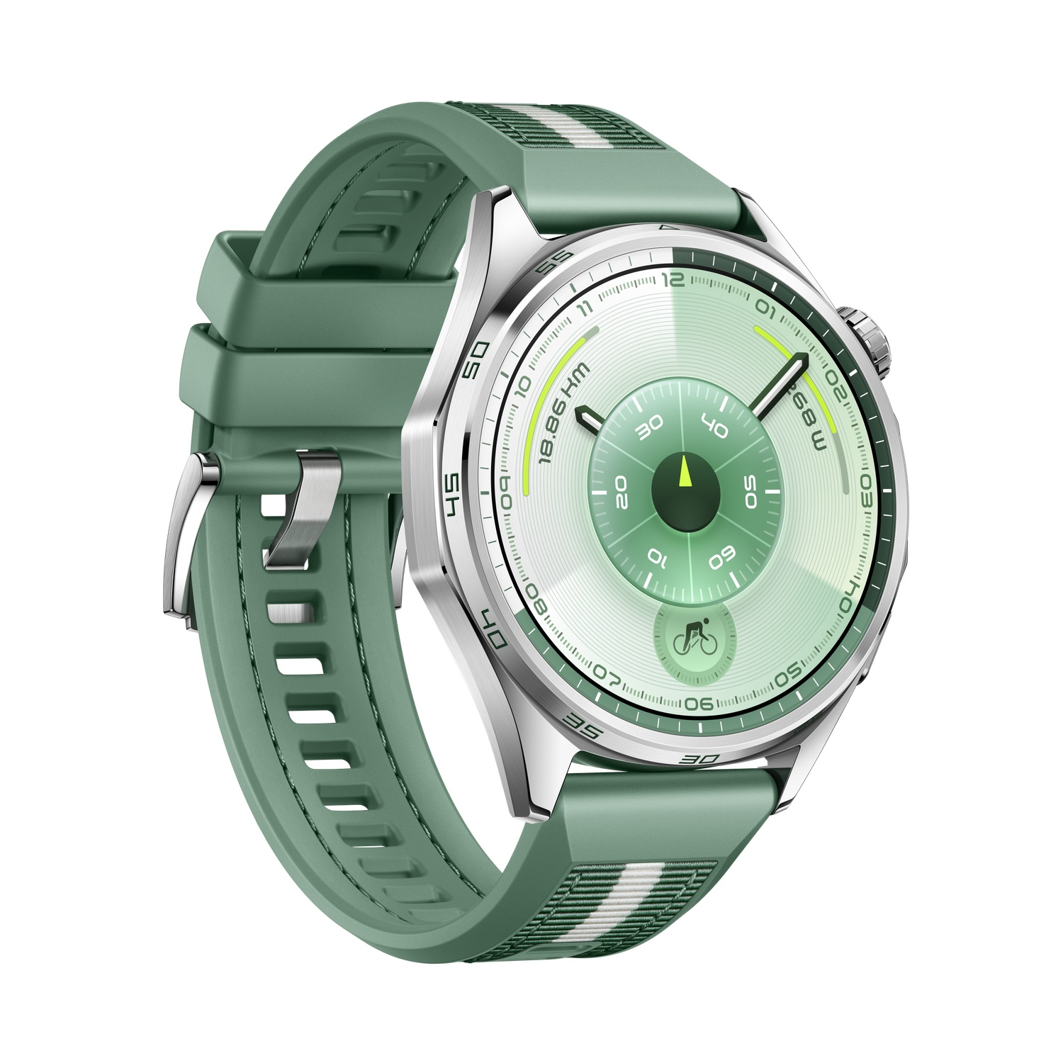 A green smartwatch with a silver bezel. The watch has a green strap with white stripes and a circular display showing data.