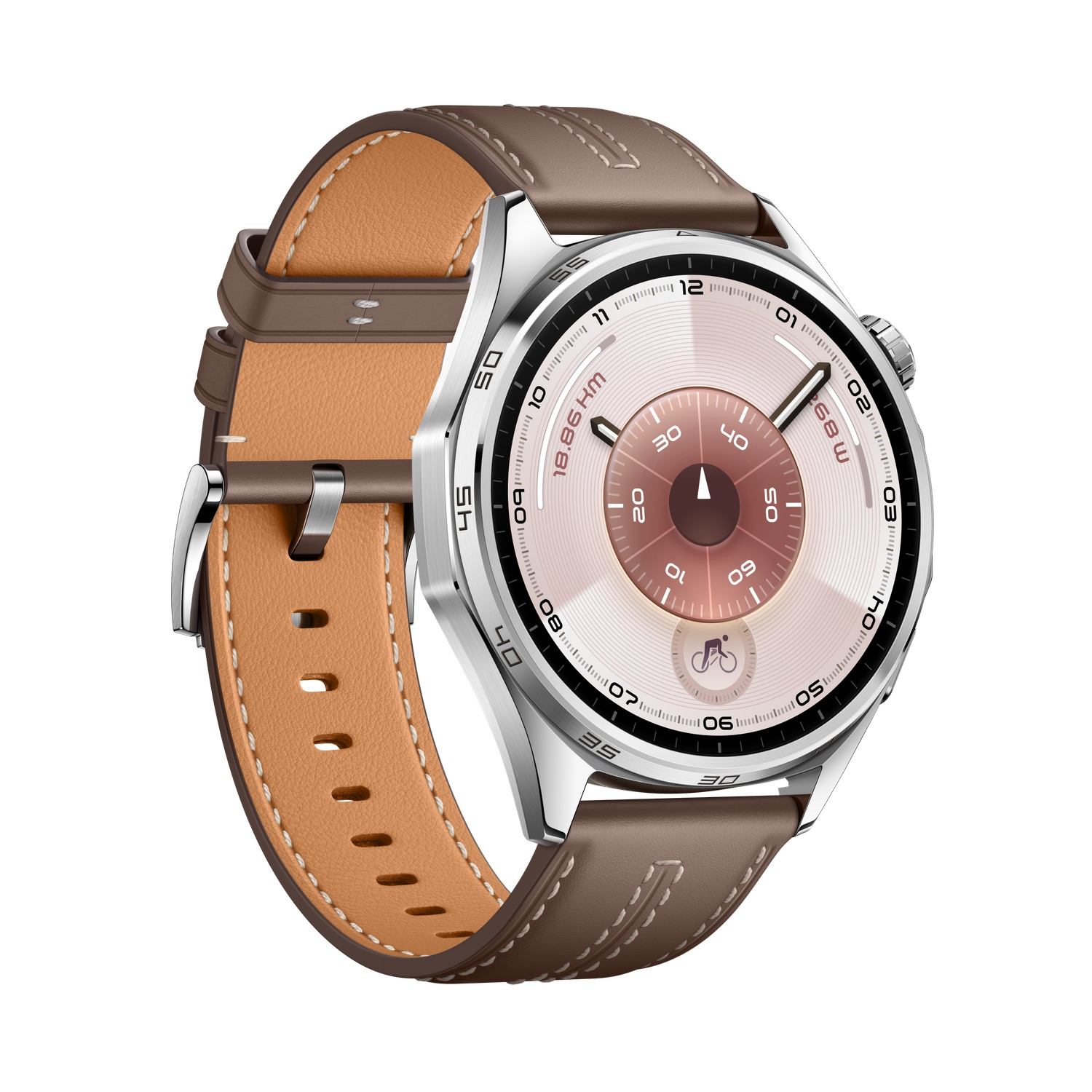 Une montre connectée argentée avec un bracelet en cuir marron. Le cadran est rose avec des chiffres noirs et un icône de vélo.