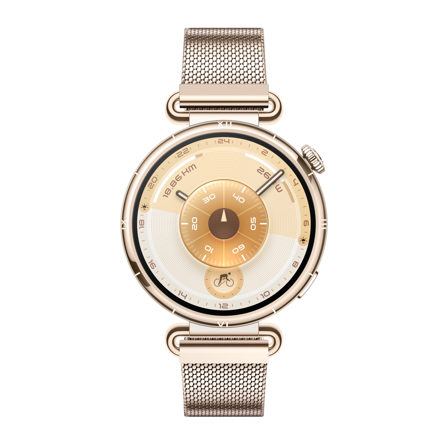 Een goudkleurige smartwatch met een ronde wijzerplaat en een mesh band, tegen een witte achtergrond. De wijzerplaat toont cijfers en wijzers.