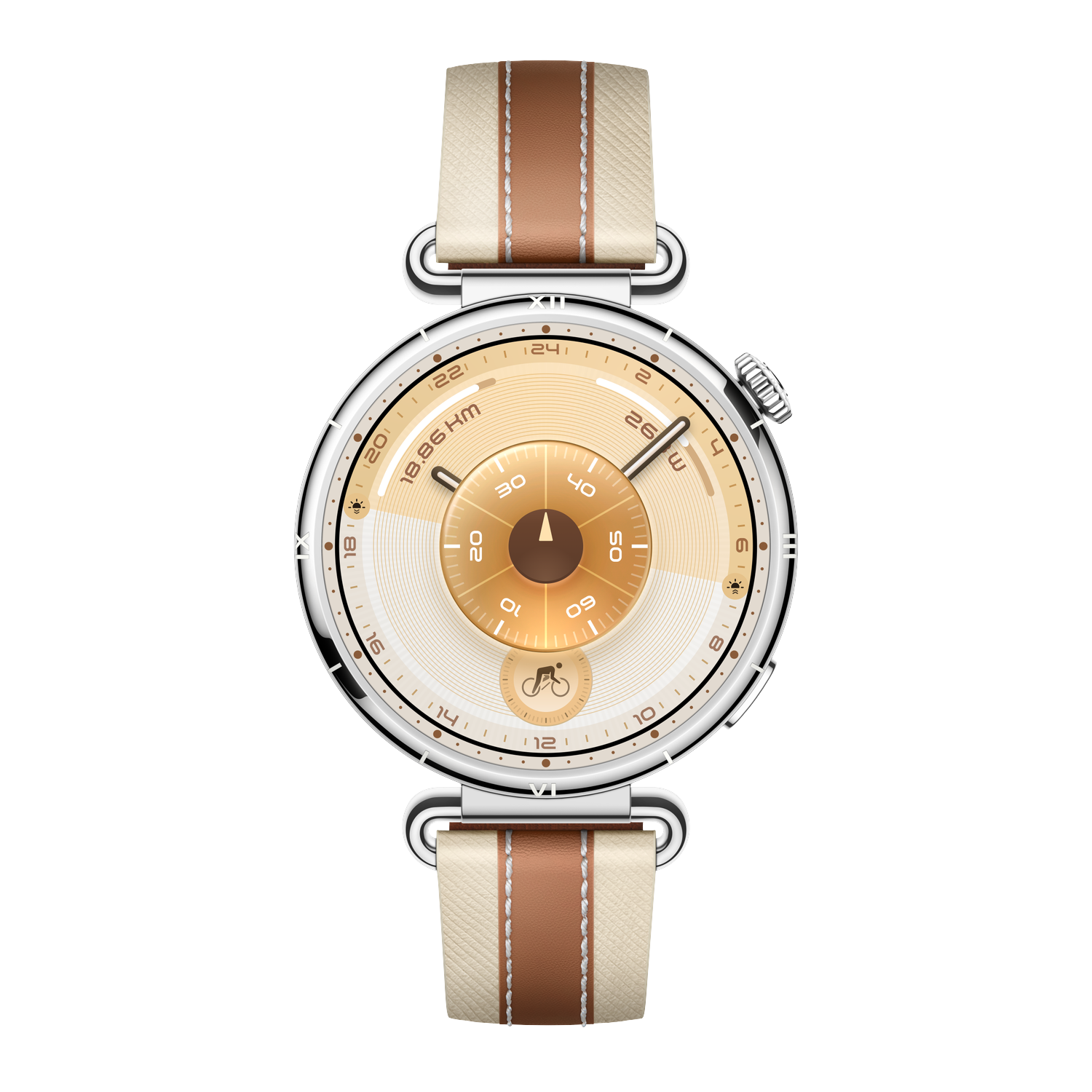 Une montre élégante avec un bracelet blanc et marron. Le cadran est doré et blanc avec des chiffres et une icône de vélo.