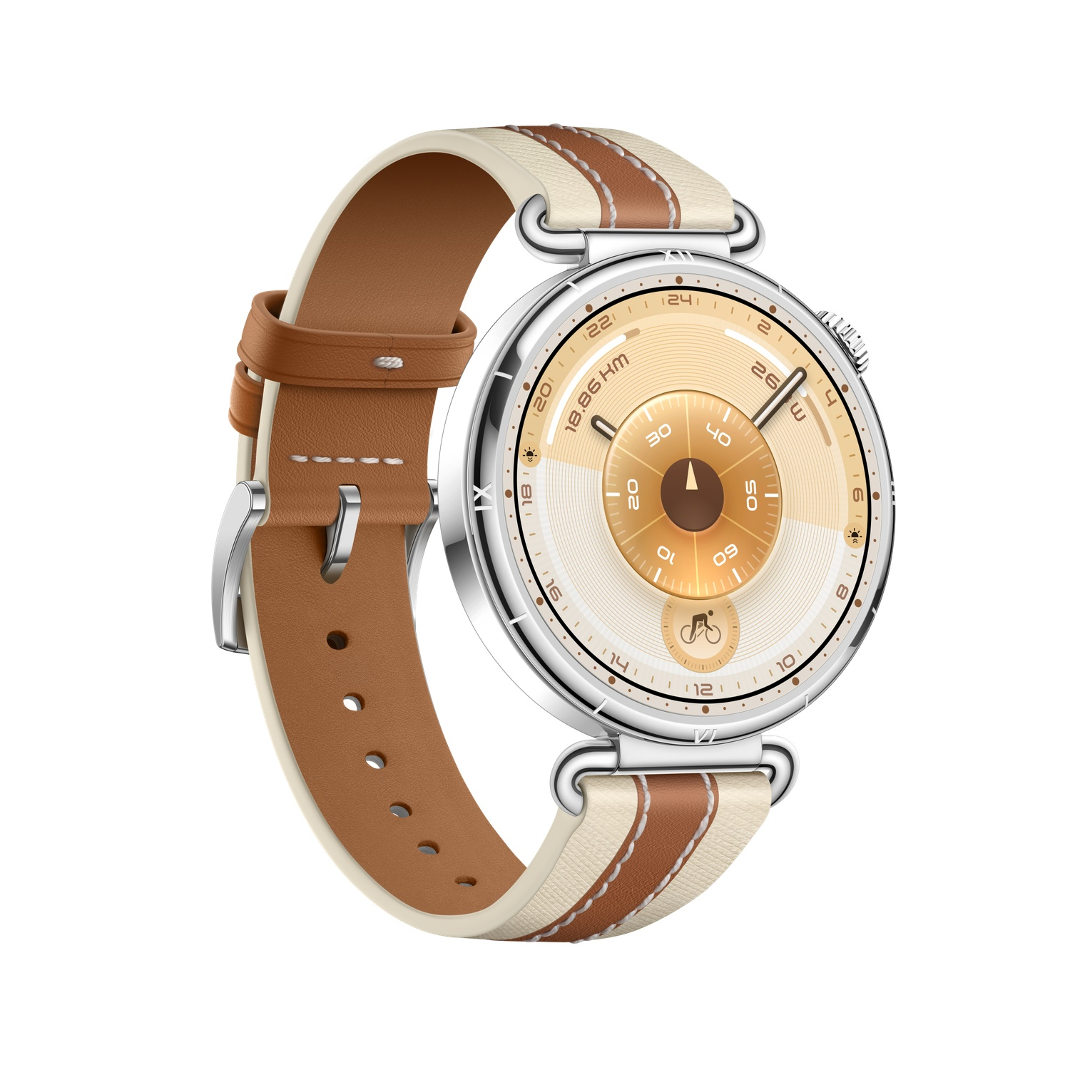 Une montre ronde avec un bracelet en cuir crème et marron. Le cadran est doré. La montre est sur un fond blanc.