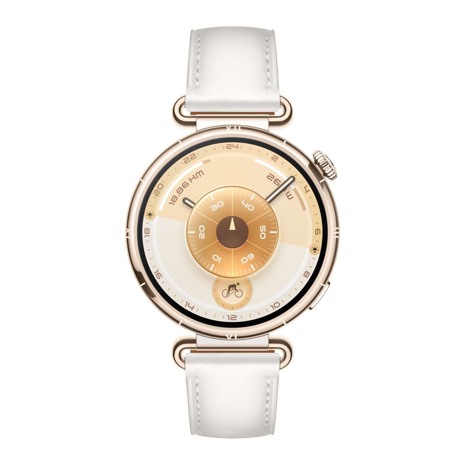 Une montre connectée dorée avec un bracelet en cuir blanc. Elle possède un cadran circulaire affichant l'heure et les mesures d'activité.