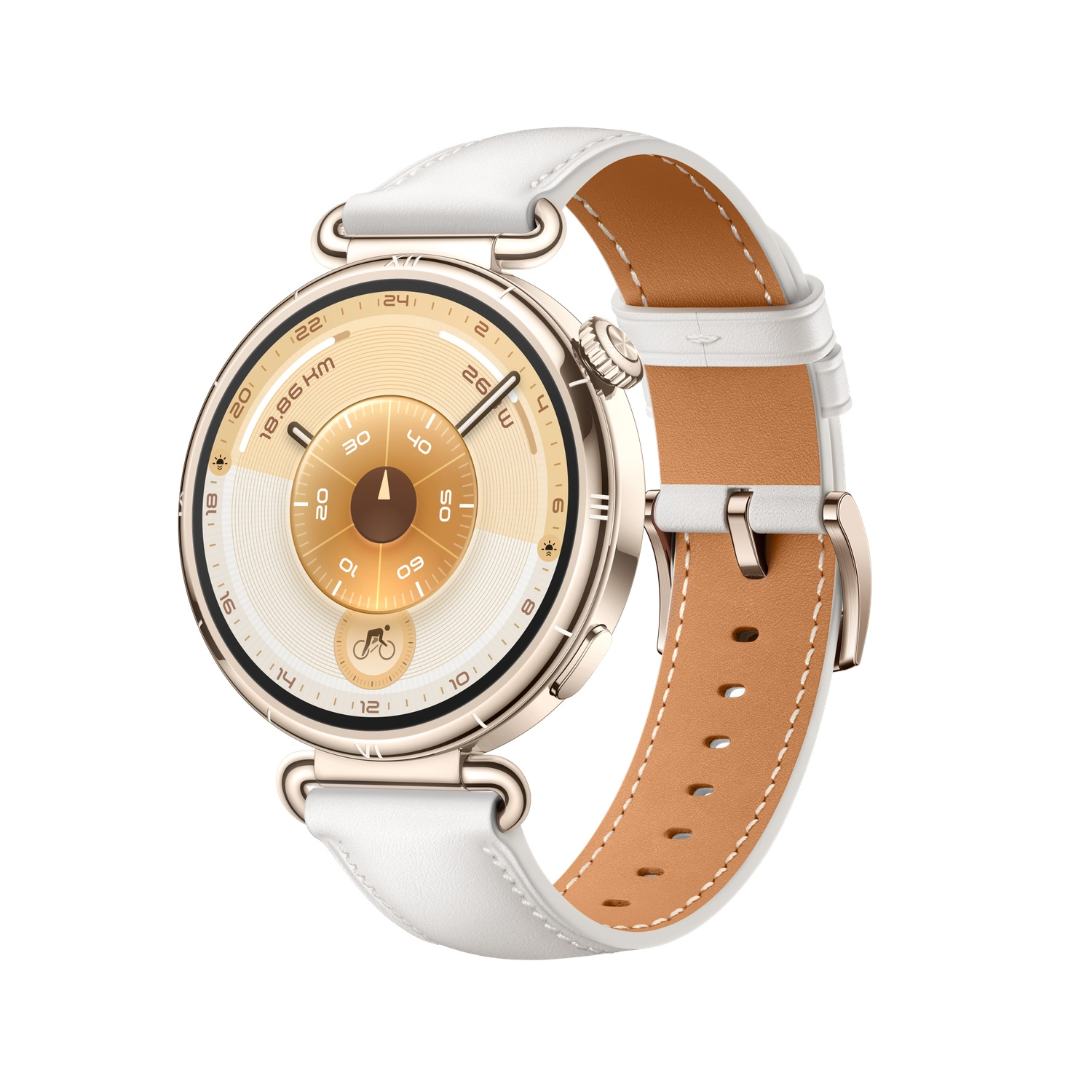 Une montre connectée dorée avec un bracelet en cuir blanc. Le cadran est doré avec des chiffres noirs. Le bracelet est blanc avec l'intérieur marron.