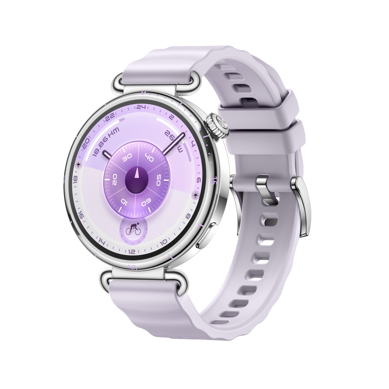 A close-up of a modern smartwatch with a silver case and a light purple strap. The watch face displays numbers and a cycling icon.