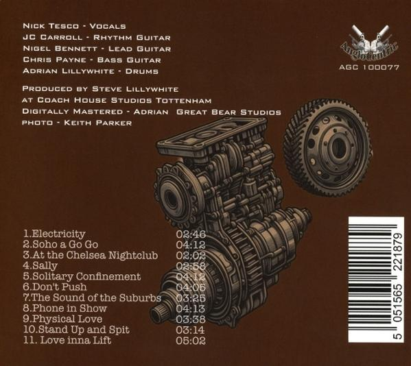 CD-Cover mit braunem Hintergrund. Es zeigt eine Motorillustration, Titelliste, Credits und einen Barcode.