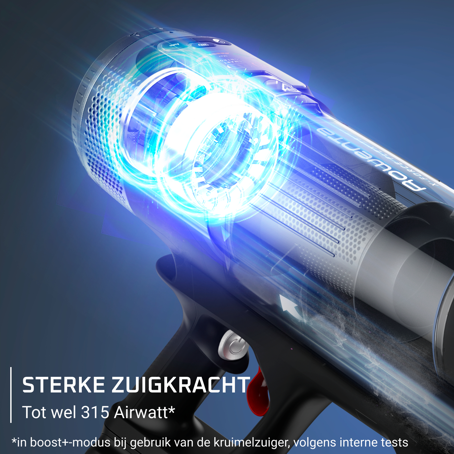 Een zwarte en blauwe stofzuiger met gloei-effect. Tekst: 'STERKE ZUIGKRACHT' en 'Tot 315 Airwatt'.