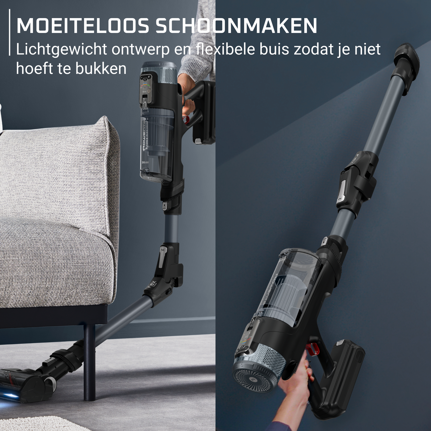 Een zwarte stofzuiger wordt vastgehouden. Het flexibele ontwerp maakt het gemakkelijk om onder meubels schoon te maken. Een persoon houdt het vast.