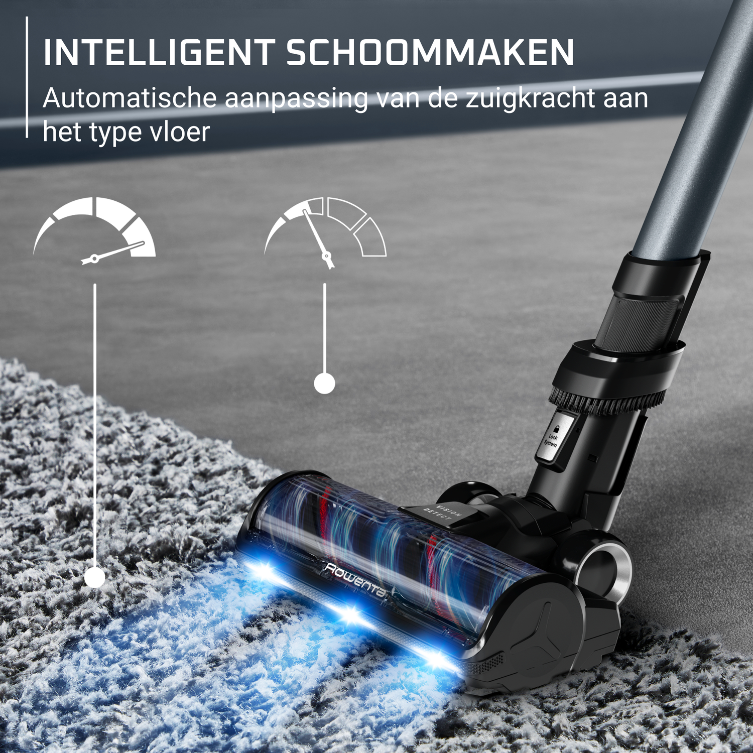 Een stofzuiger op een tapijt. De stofzuiger is zwart en blauw, met lichten aan de voorkant. Tekst zegt 'Intelligent schoonmaken'.