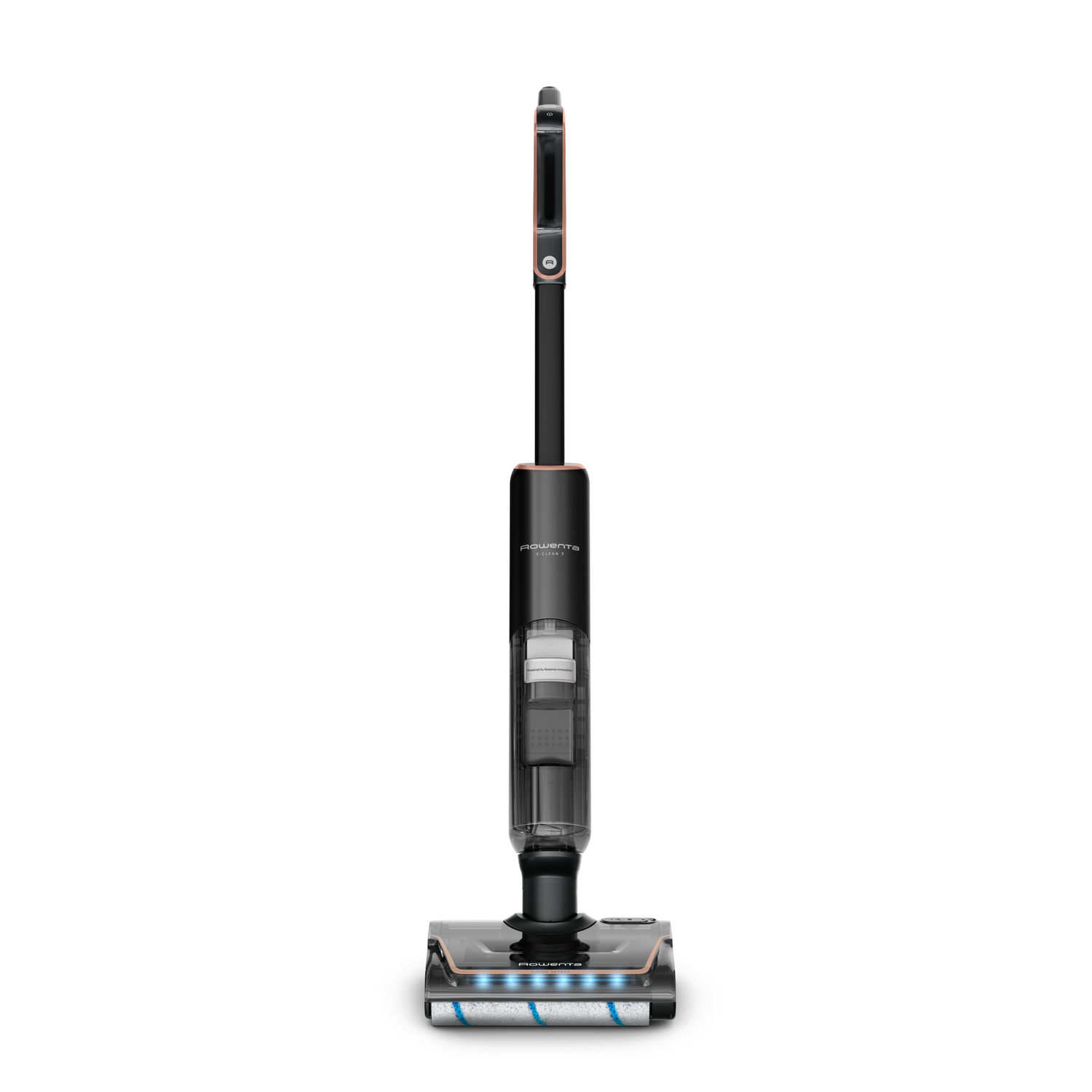 A black and copper-colored Rowenta X-Clean 7 vacuum cleaner stands upright. It has a long handle and a brush head at the base.