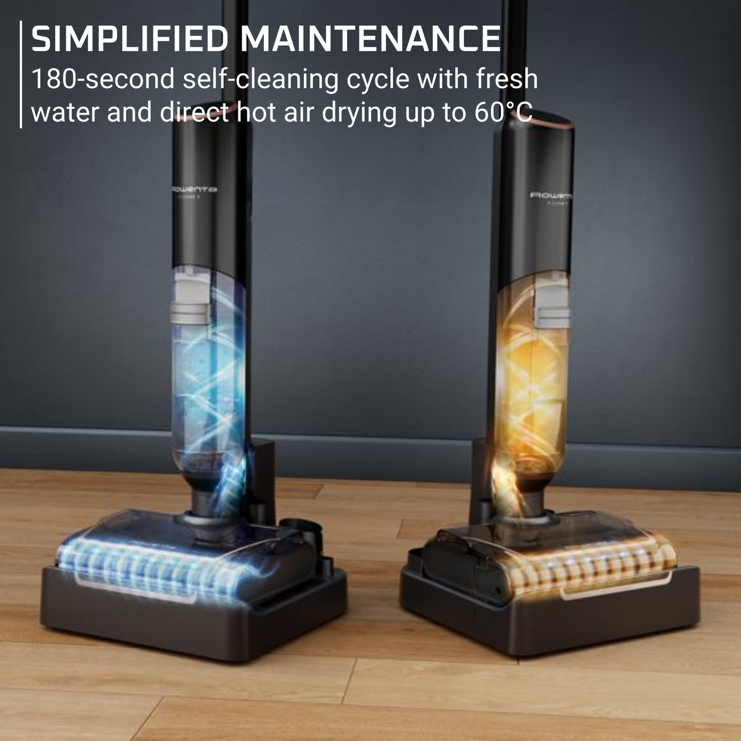 Two black cleaning devices on wooden floor. Left shows blue cleaning, right shows yellow cleaning. Text: Simplified maintenance.