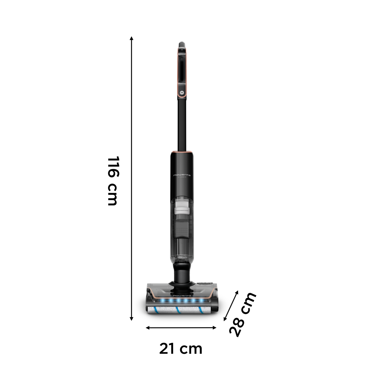 A black and copper vacuum cleaner stands upright. Dimensions marked: 116cm tall, 21cm wide, 28cm deep. The product is on a white background.