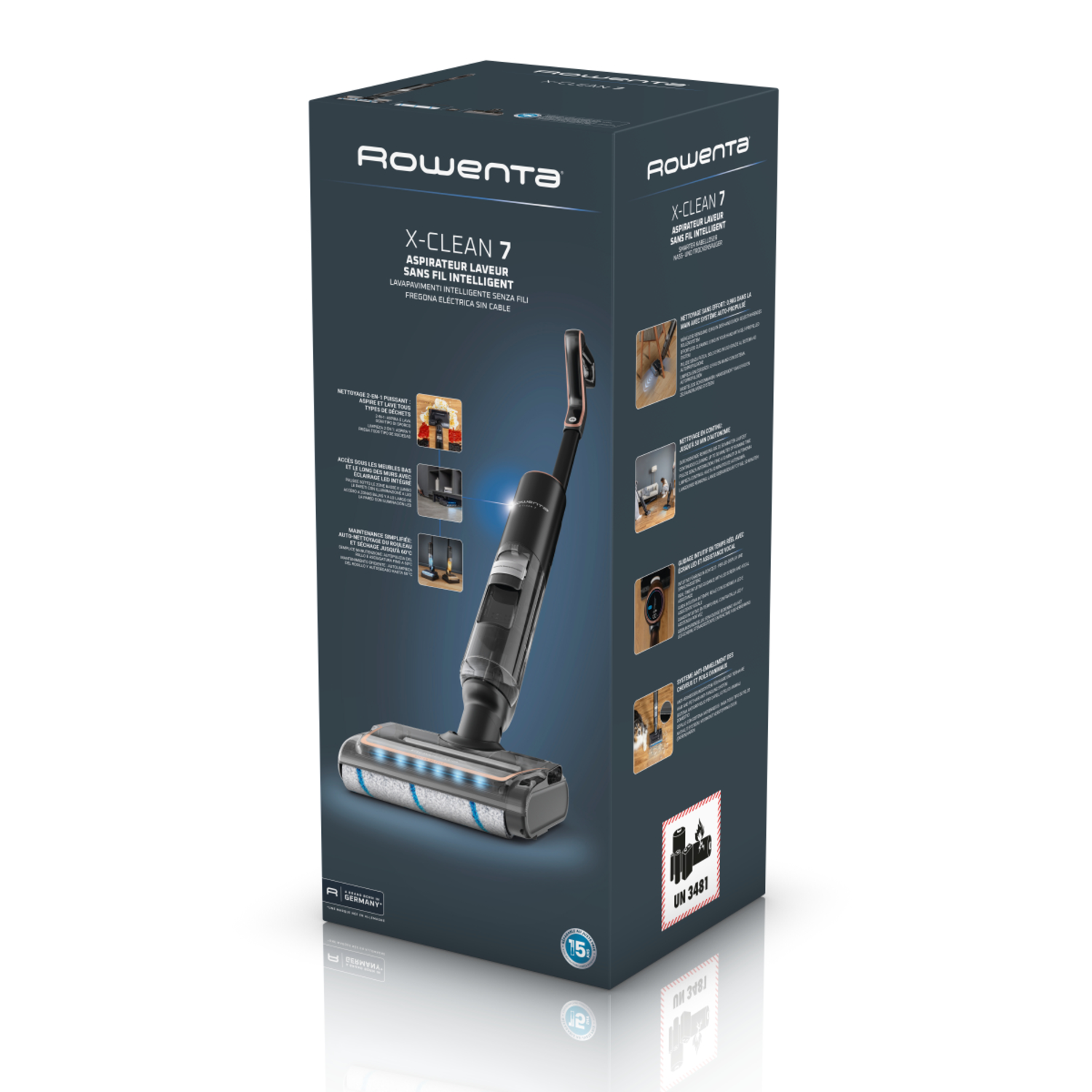 A Rowenta X-Clean 7 box shows the product, a cordless vacuum cleaner, with features and specifications.