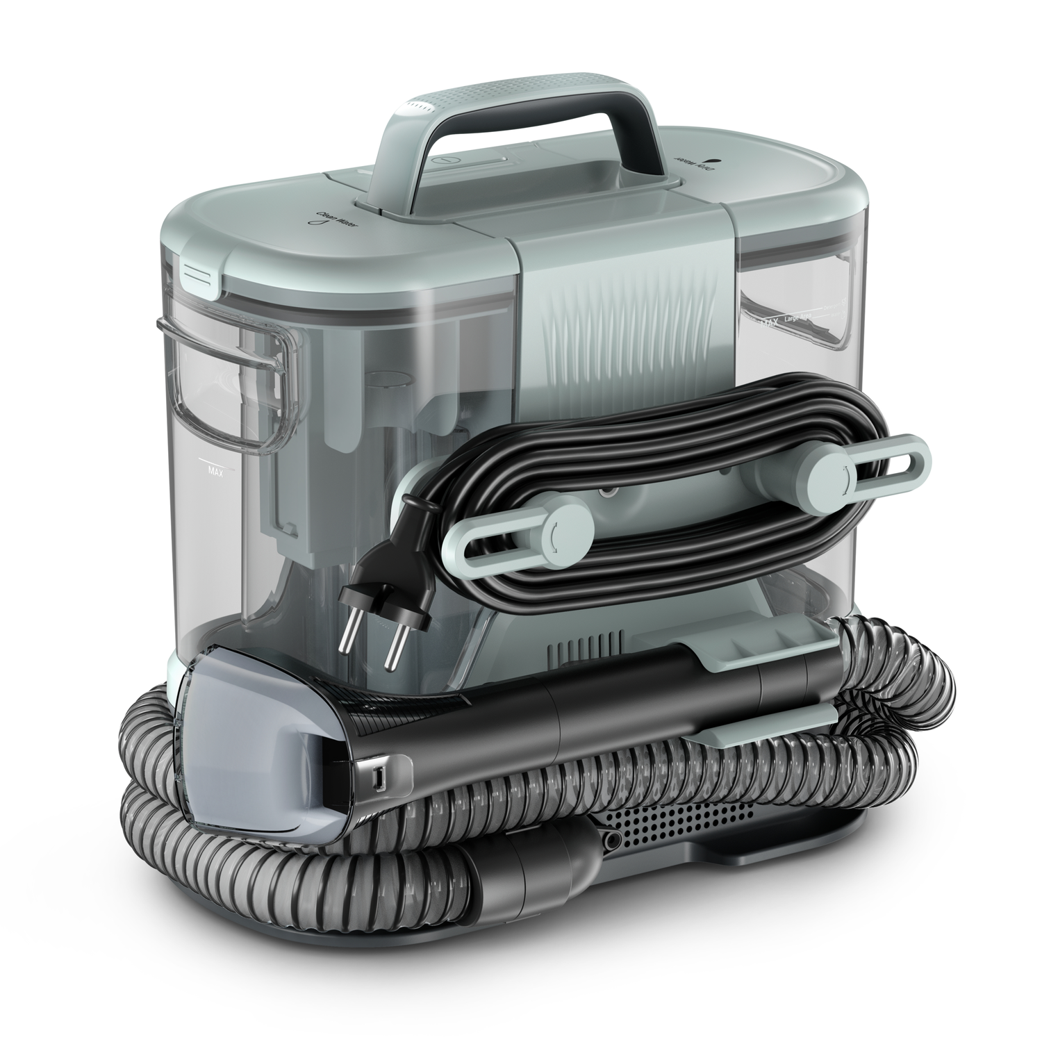 A light blue and gray portable carpet cleaner. It has a handle on top, a hose, and a power cord. It is on a white background.