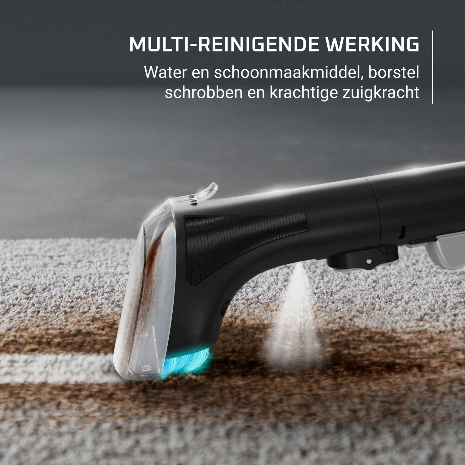 A black and transparent vacuum cleaner head cleans a dirty carpet. Water sprays out, and dirt is being sucked up.
