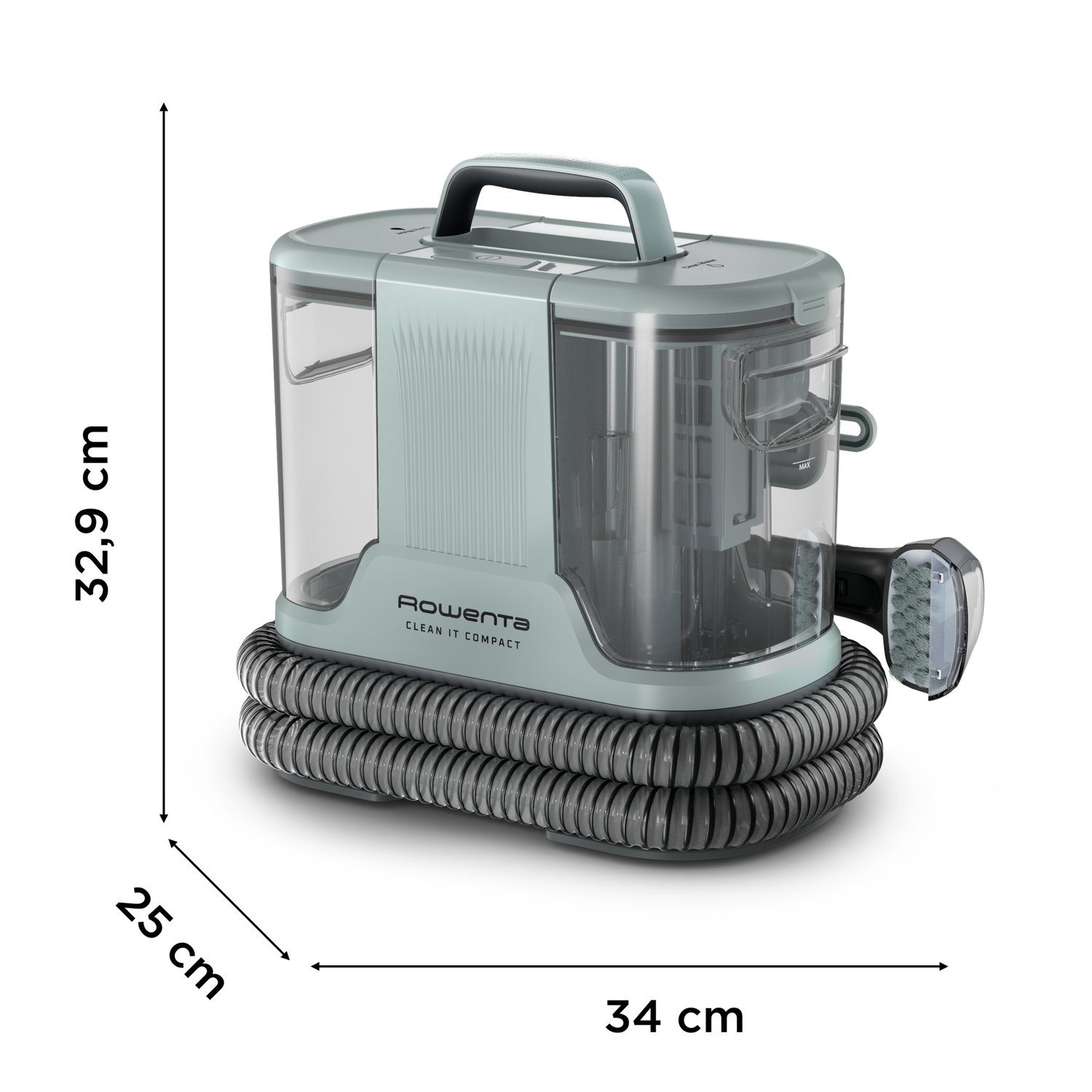 A teal and gray Rowenta Clean It Compact vacuum cleaner. Dimensions are 34x25x32.9 cm. A hose and nozzle are visible.