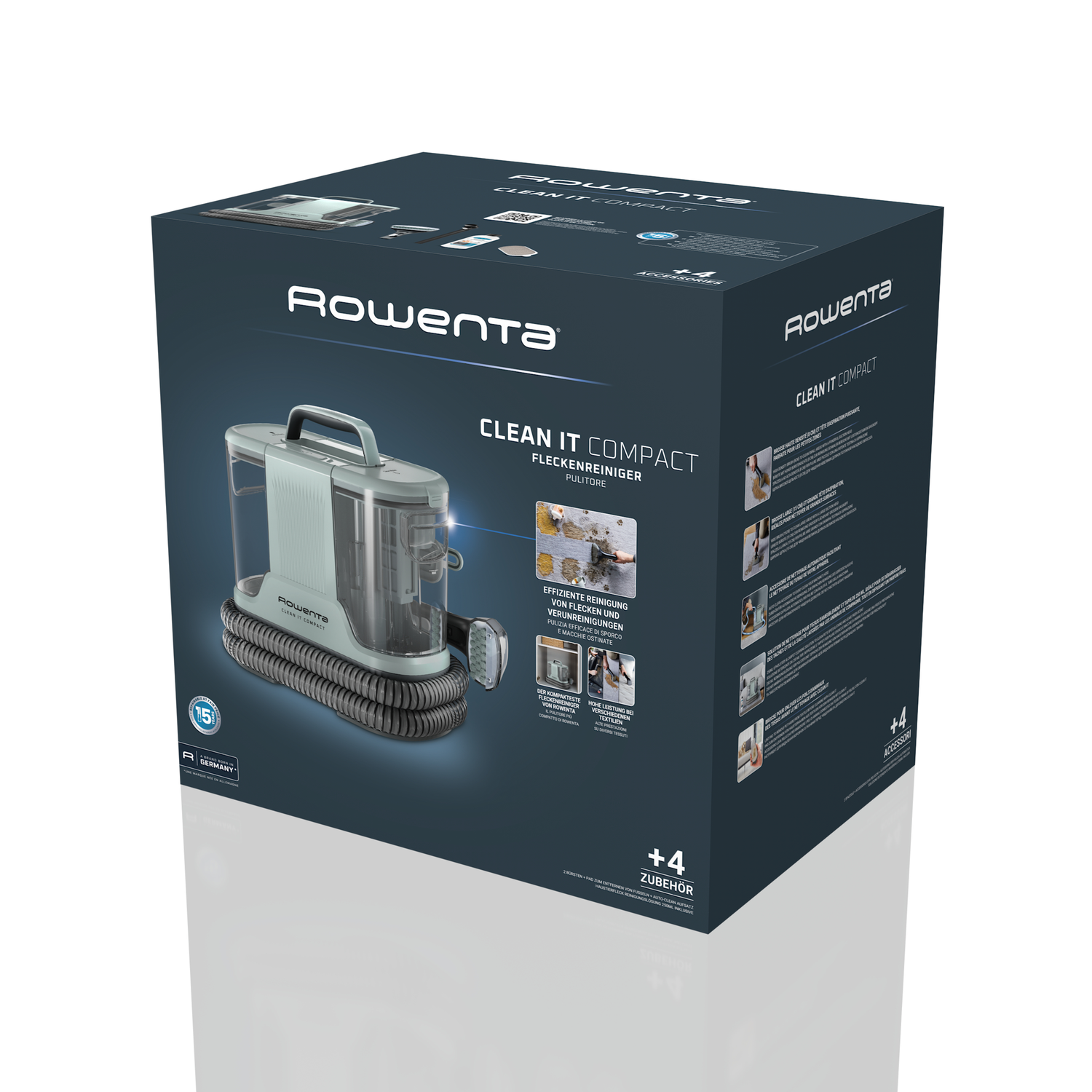A box of a Rowenta Clean It Compact cleaner. It is light blue and gray with a hose and multiple accessories are visible.