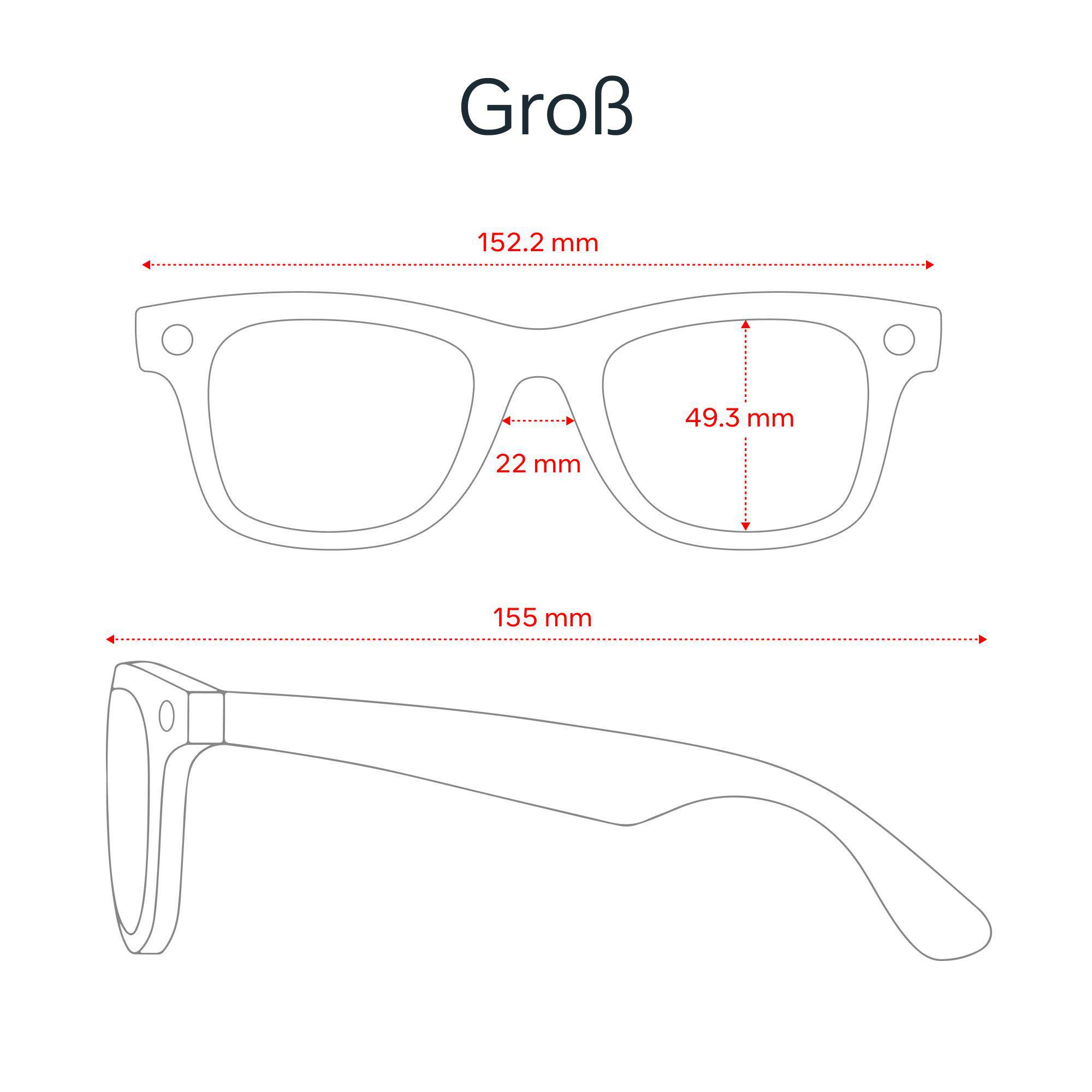Diagramm einer Sonnenbrille mit Maßen. Draufsicht zeigt Rahmenmaße, Seitenansicht Armlänge.