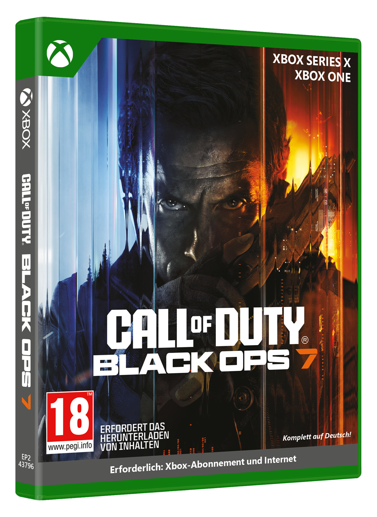 Spielcover für Call of Duty: Black Ops 7. Zeigt das Gesicht eines Mannes, den Spieletitel und das Xbox Series X/One-Logo.