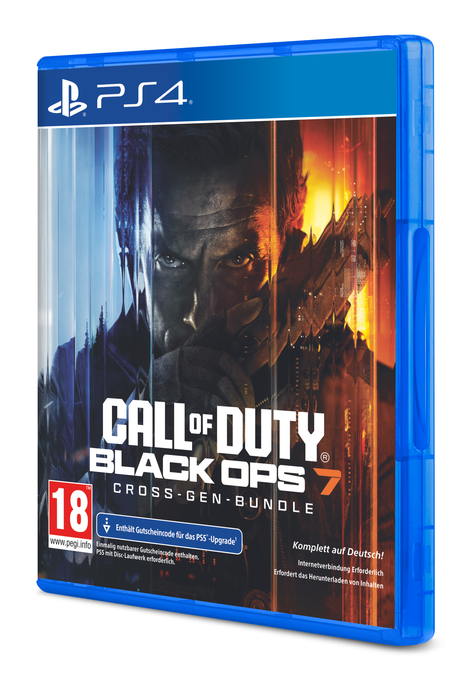 Eine PS4-Spielhülle für Call of Duty: Black Ops 7. Zeigt ein Männergesicht mit feurigem und eisigem Hintergrund. Altersfreigabe 18.