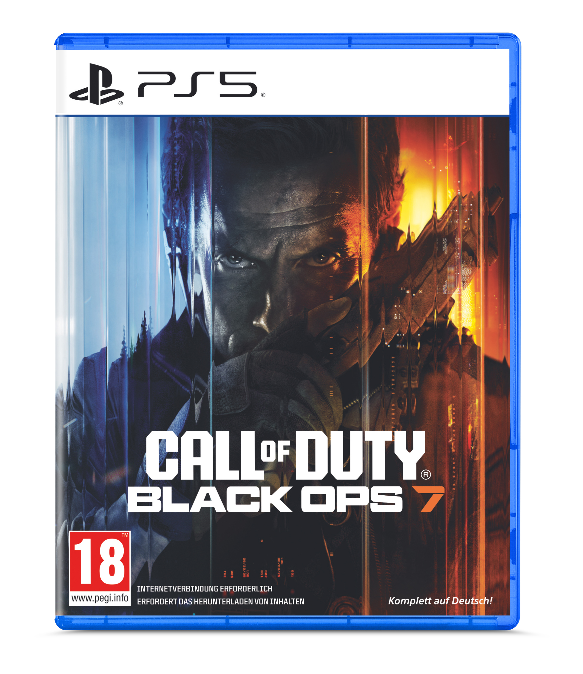 Call of Duty: Black Ops 7 Spielhülle. Zeigt einen Mann mit einer Waffe, Text und PEGI-Rating.