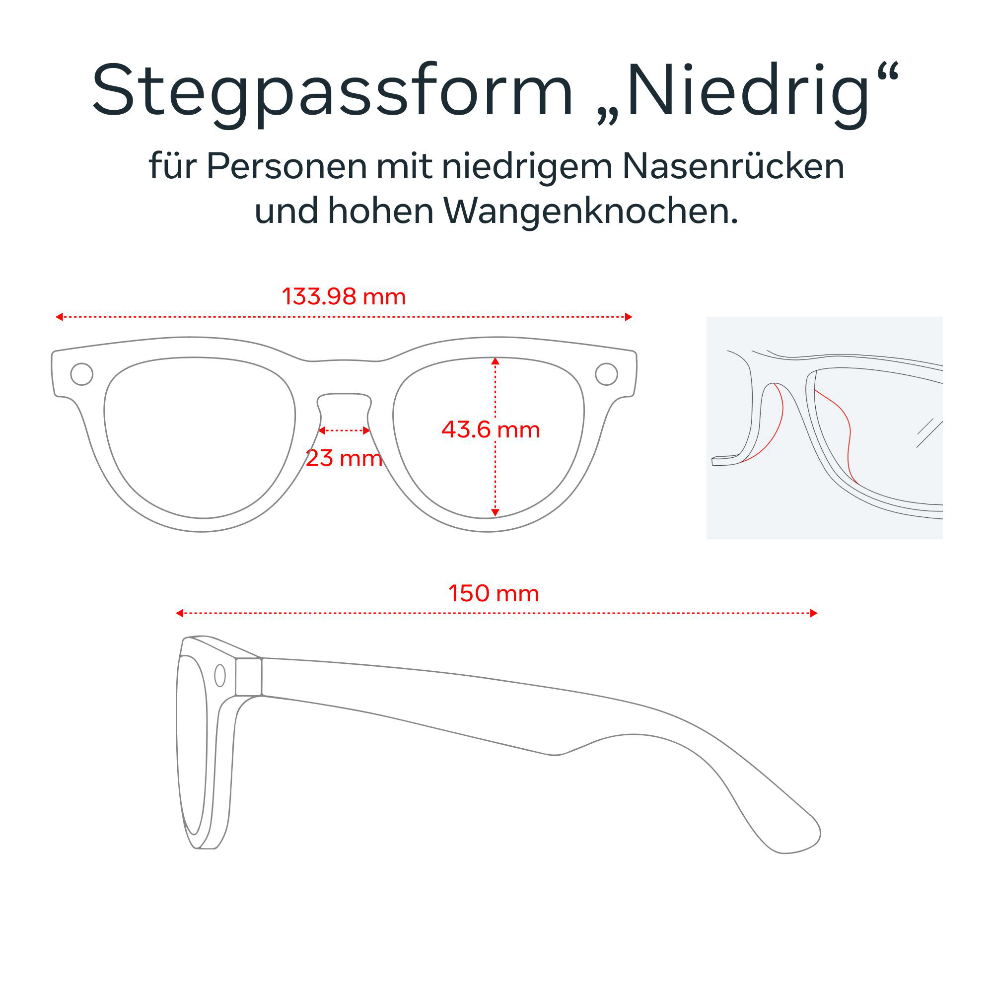 Diagramm einer Brille mit Maßen in mm. Text: 'Stegpassform Niedrig' für Personen mit niedrigem Nasenrücken und hohen Wangenknochen.