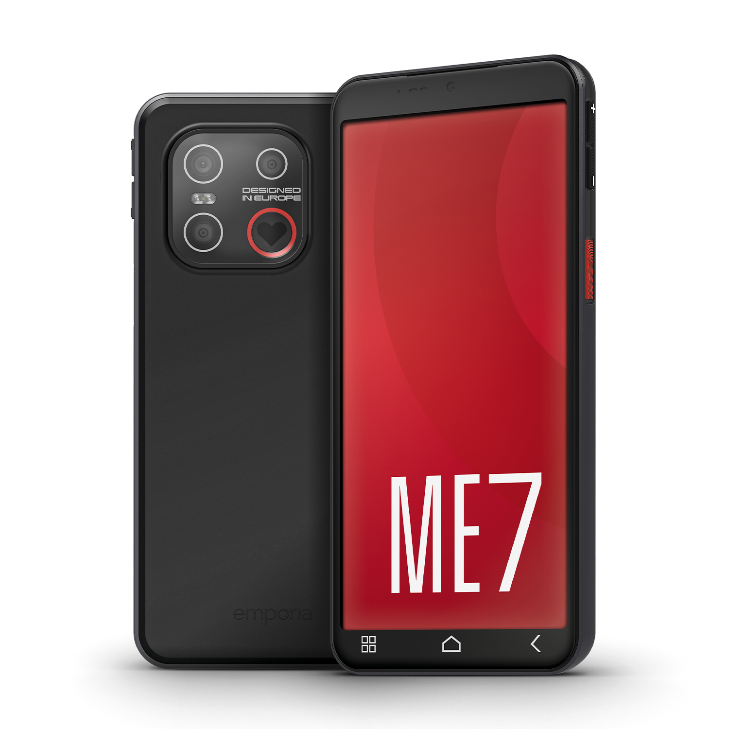 Smartphone nero con schermo rosso che mostra 'ME7'. Ha una configurazione a tripla fotocamera ed è progettato in Europa.