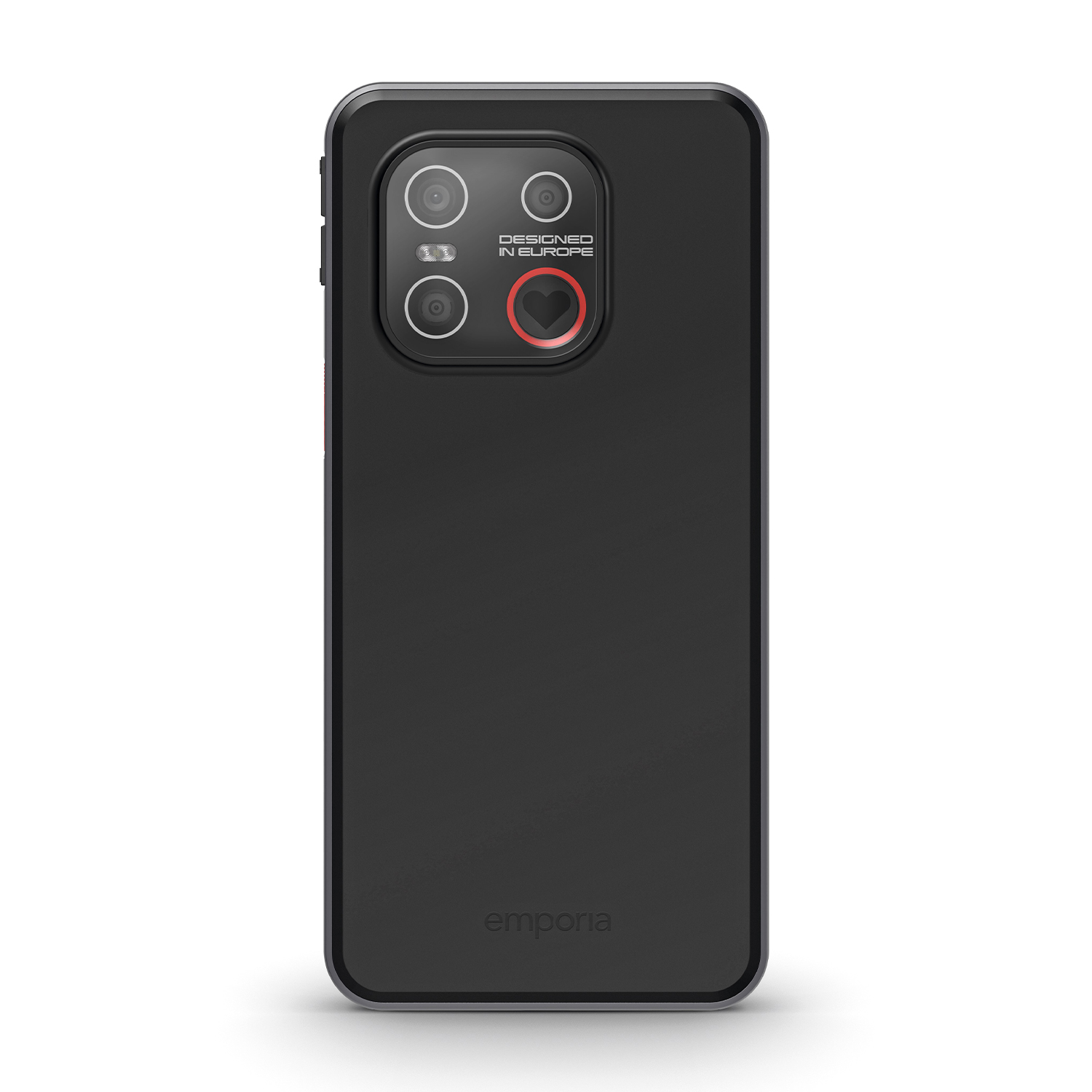 Custodia nera per telefono con lenti della fotocamera, una forma di cuore e la scritta 'Designed in Europe'. Il marchio 'emporia' è visibile.