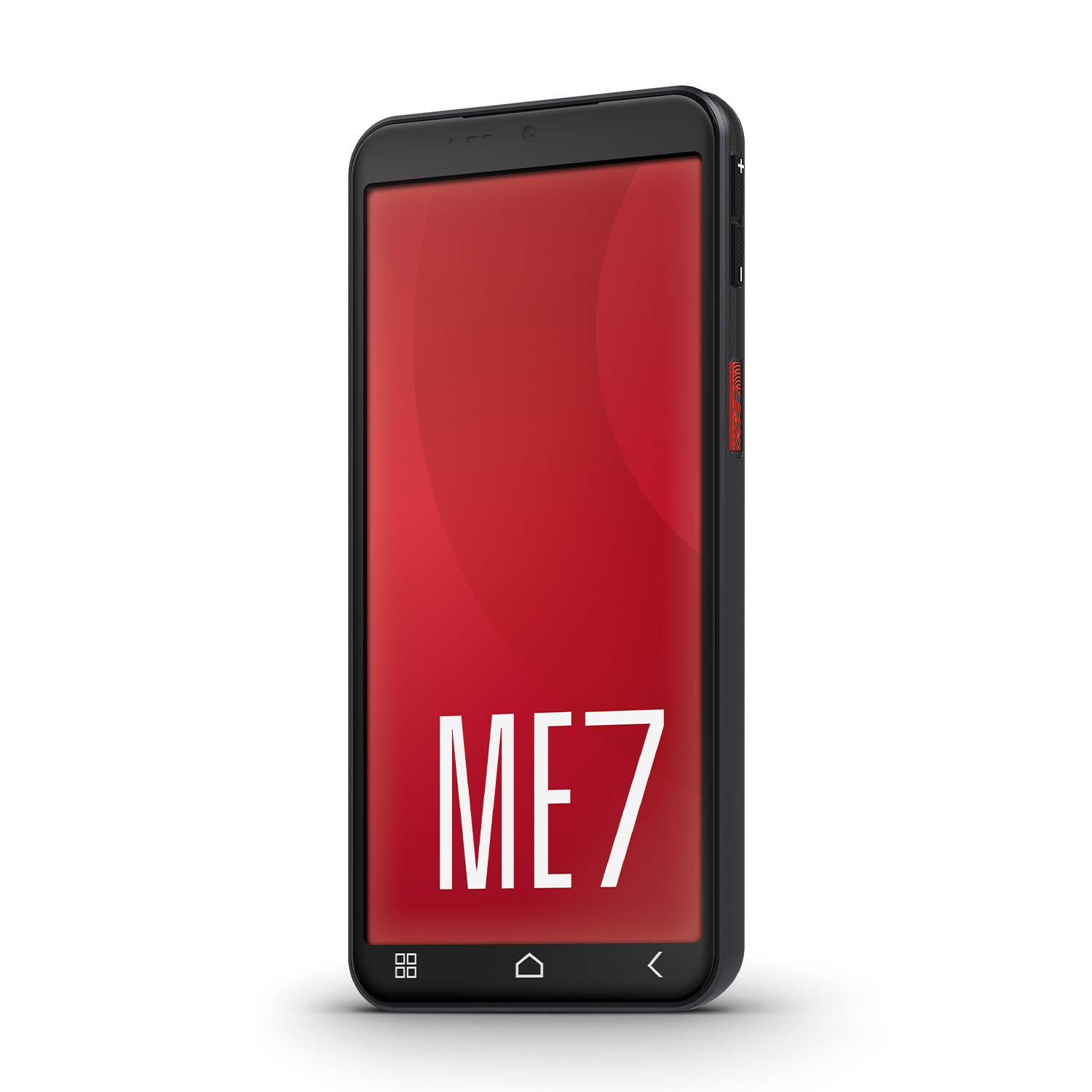 Uno smartphone nero con schermo rosso che mostra "ME7". Il telefono ha una cornice nera e uno sfondo bianco.