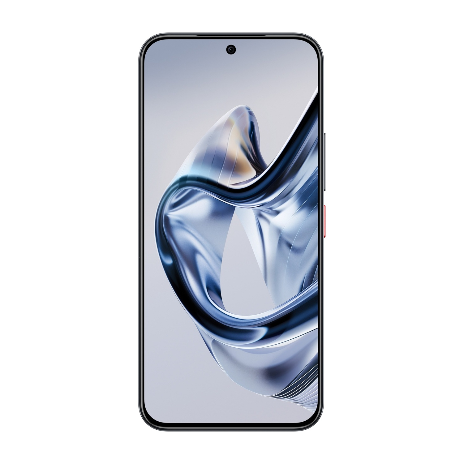 Uno smartphone con cornice nera. Lo schermo mostra un design astratto dinamico blu e argento su sfondo grigio chiaro.