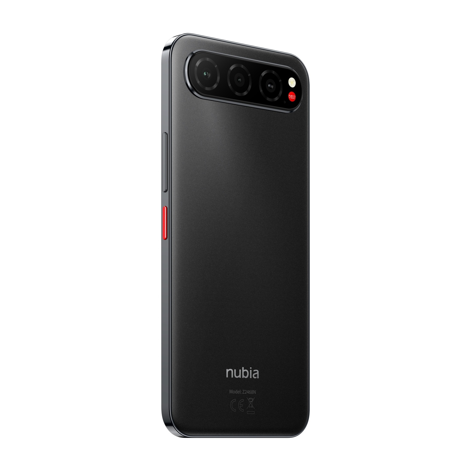 Uno smartphone nero con tre fotocamere, un pulsante rosso e il logo Nubia. È posizionato verticalmente su sfondo bianco.