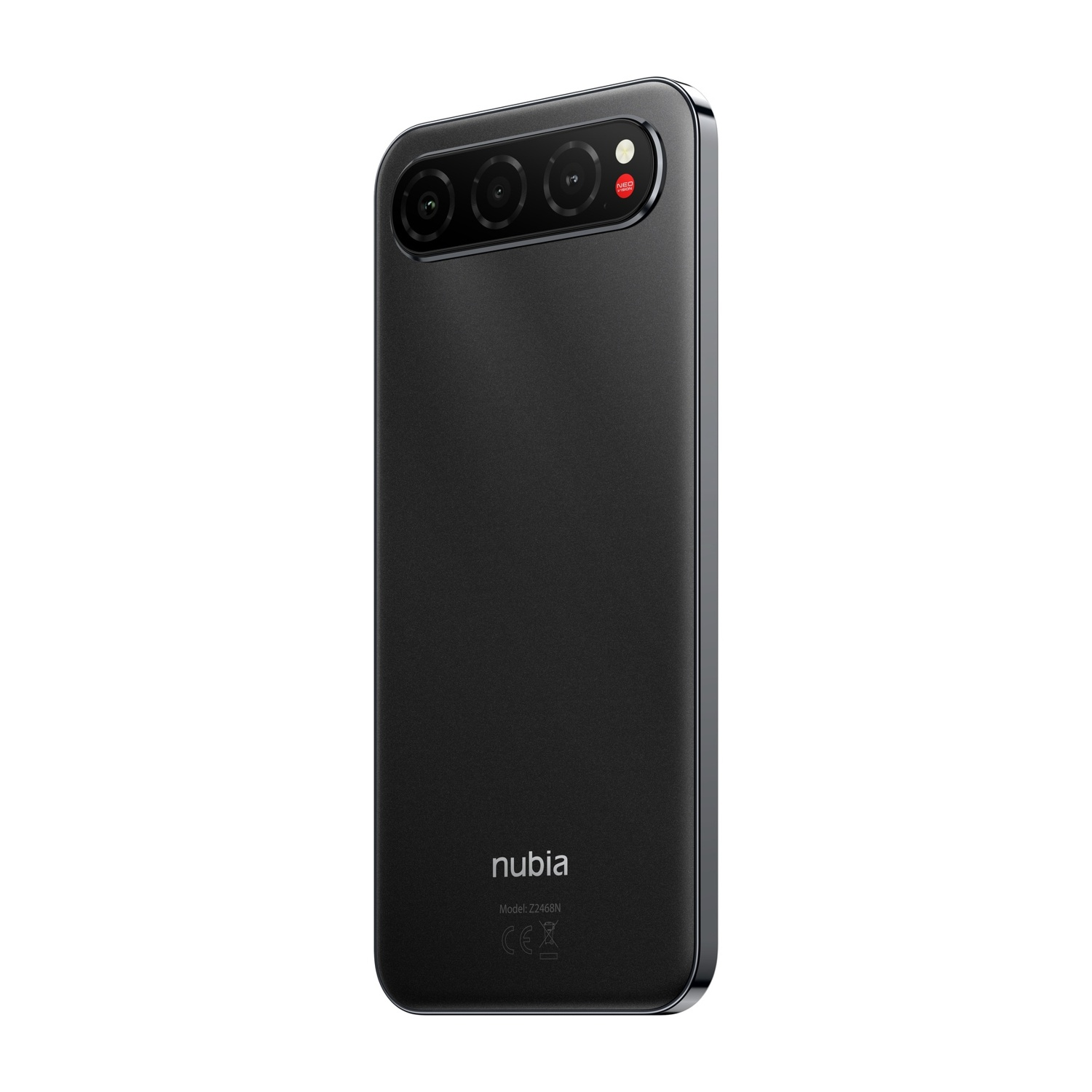 Uno smartphone nubia nero. Presenta una fotocamera a tripla lente, una cornice argentata e il logo nubia in basso.